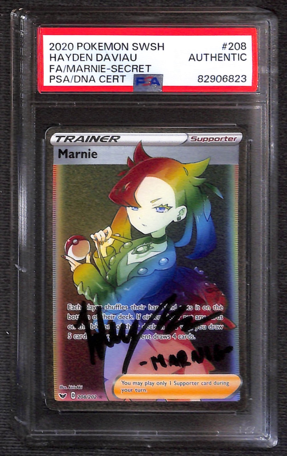PSA Authentic Signed Hayden Daviau Marnie Sword & Shield 208/202 Holo SR