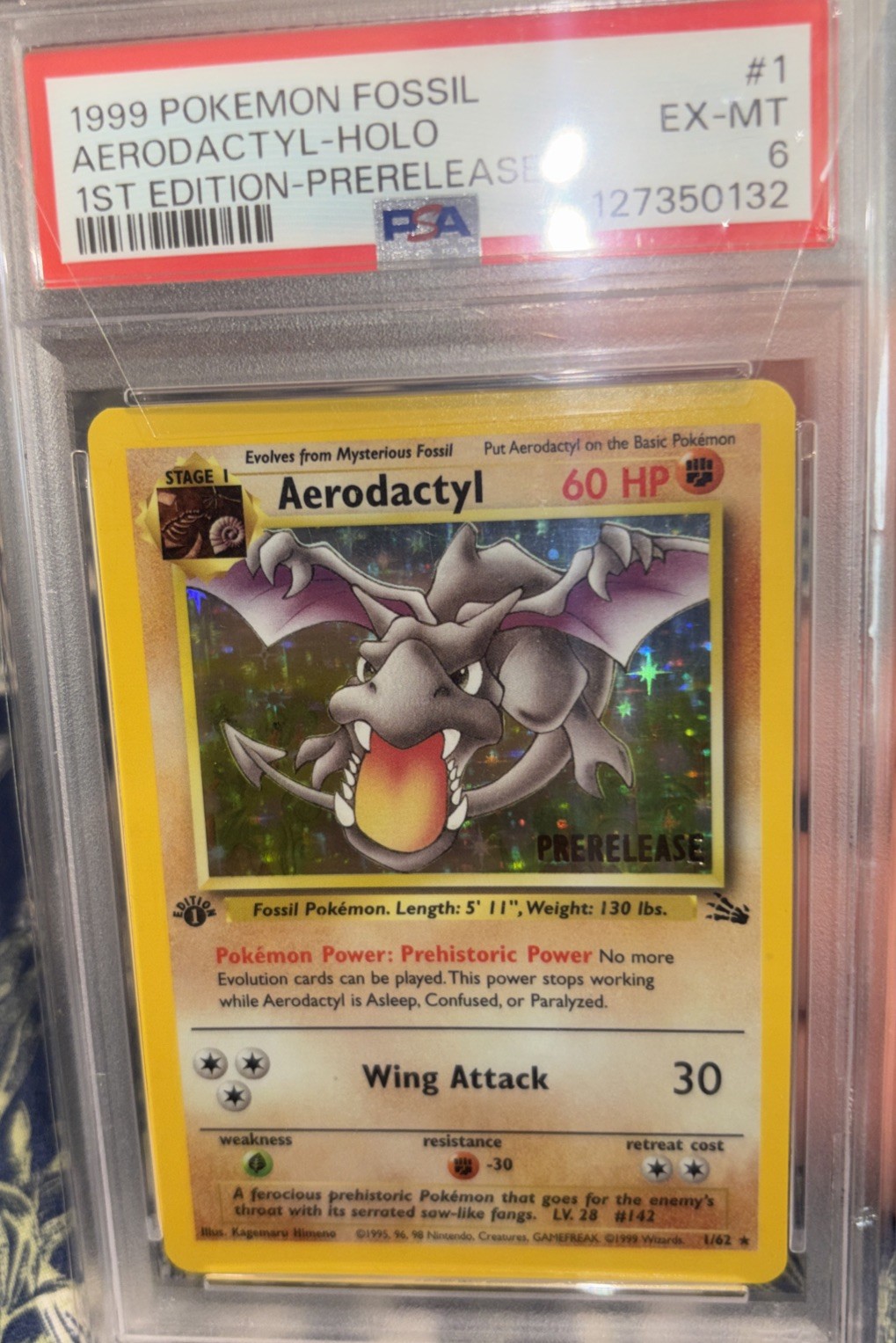 1999 POKEMON FOSSIL 1ST EDITION-PRERELEASE #1 AERODACTYL-HOLO PSA 6