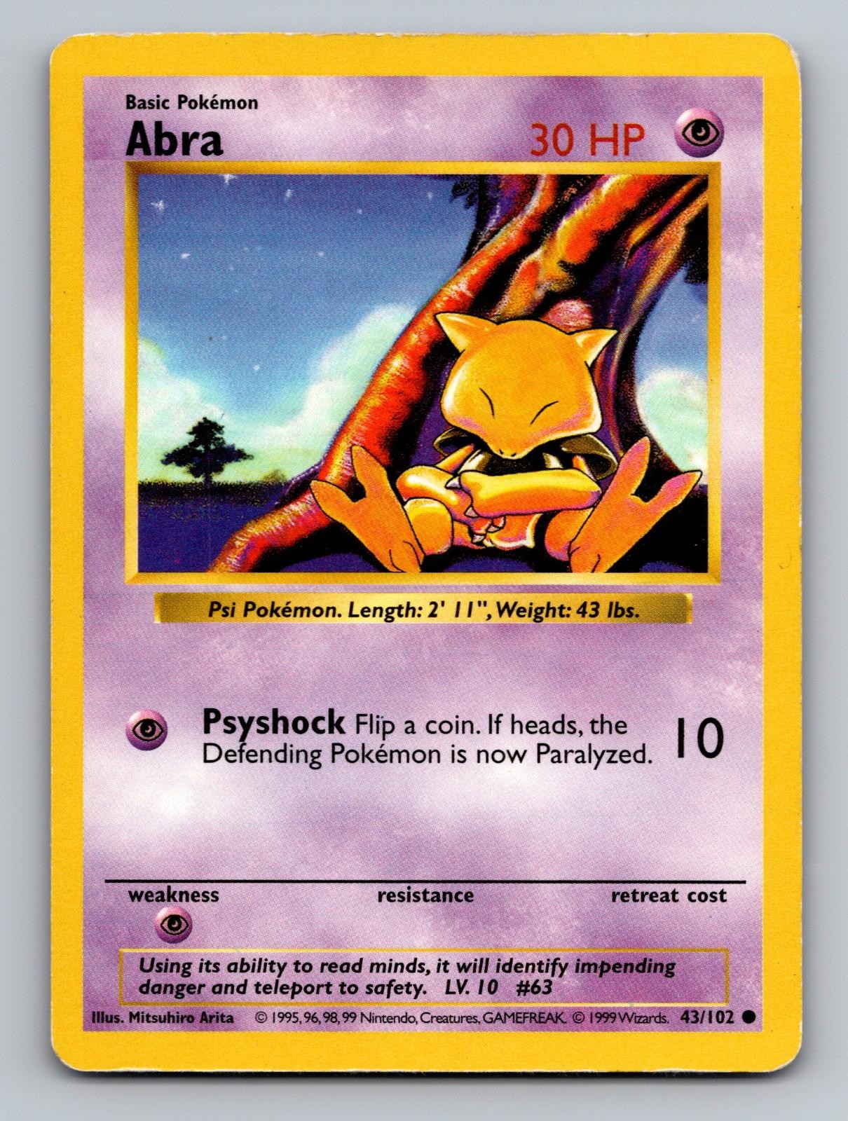Abra 43/102 Base Set Shadowless Common Unlimited Heavily Played