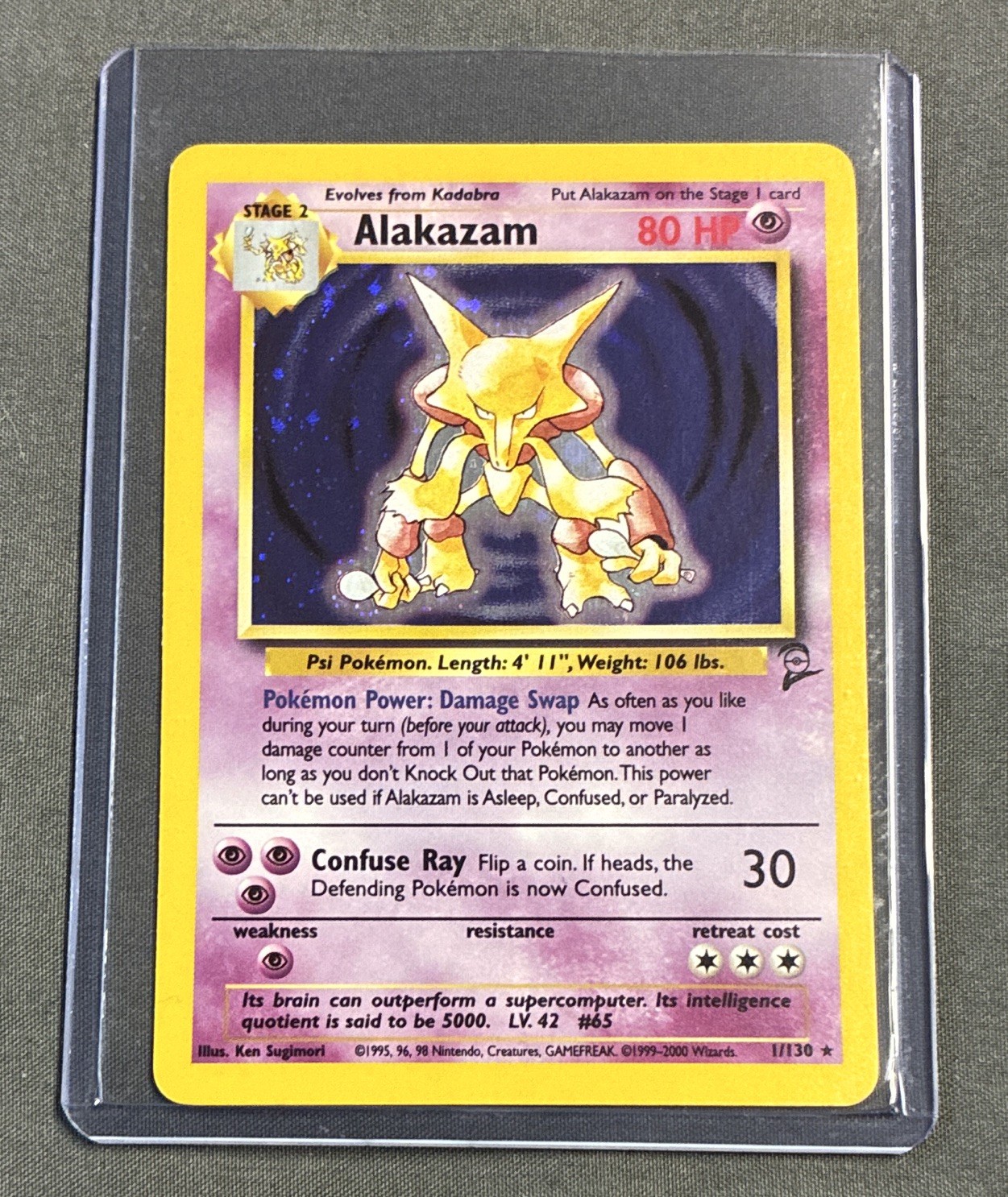 Pokemon TCG Alakazam 1/130 Base Set 2 Holo Rare English 80 HP Stage 2 1999