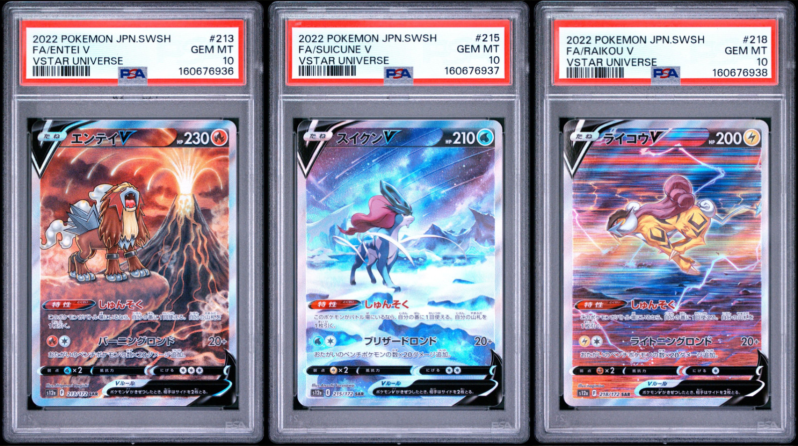 PSA 10 Entei Suicune Raikou V SAR 213 215 218 set VSTAR Universe s12a Japanese