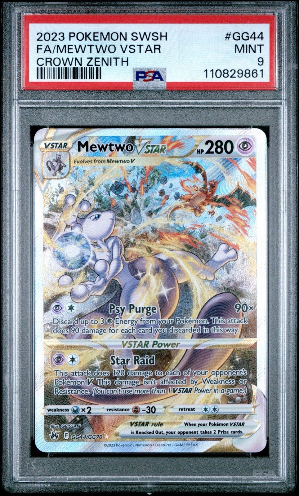 PSA 9 Mewtwo VStar GG44/GG70 Crown Zenith Alternate Art Pokemon Card FA 2023