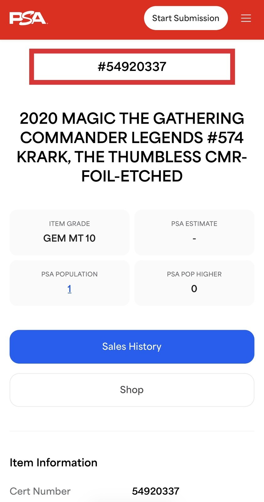 2020 MTG Commander Legends Krark, the Thumbless #574 FOIL ETCHED PSA 10 POP 1