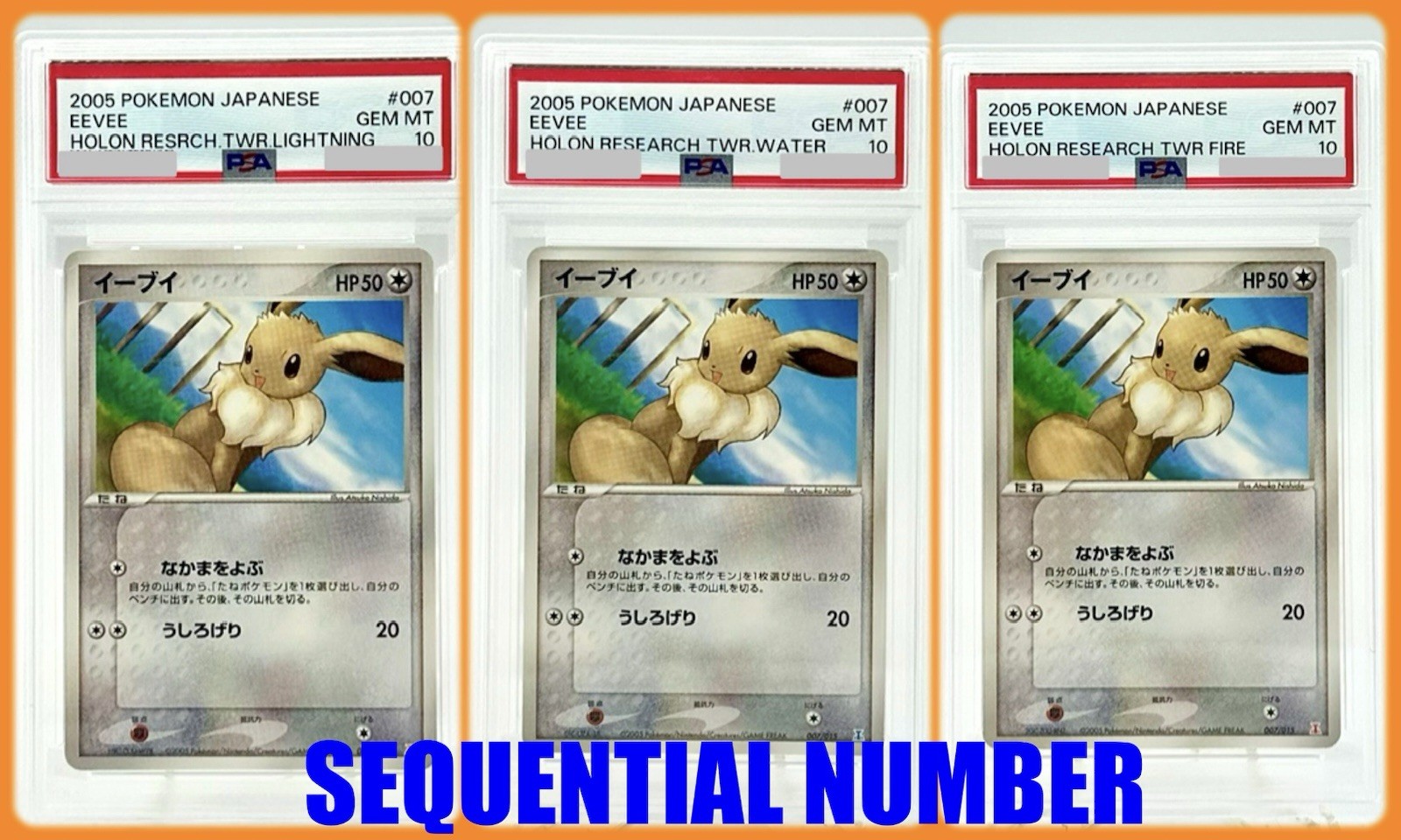 ❤️ 2005 Pokémon Japanese Eevee 007/015 PSA 10 Holon Research Tower Sets of 3❤️