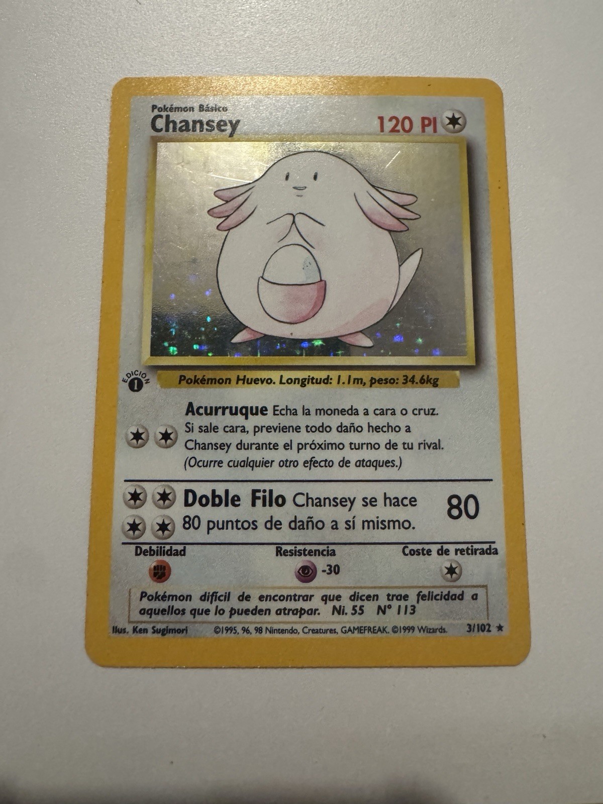 1st Edition Base Set Chansey 3/102 Holo Rare 1999 Authentic Spanish LP