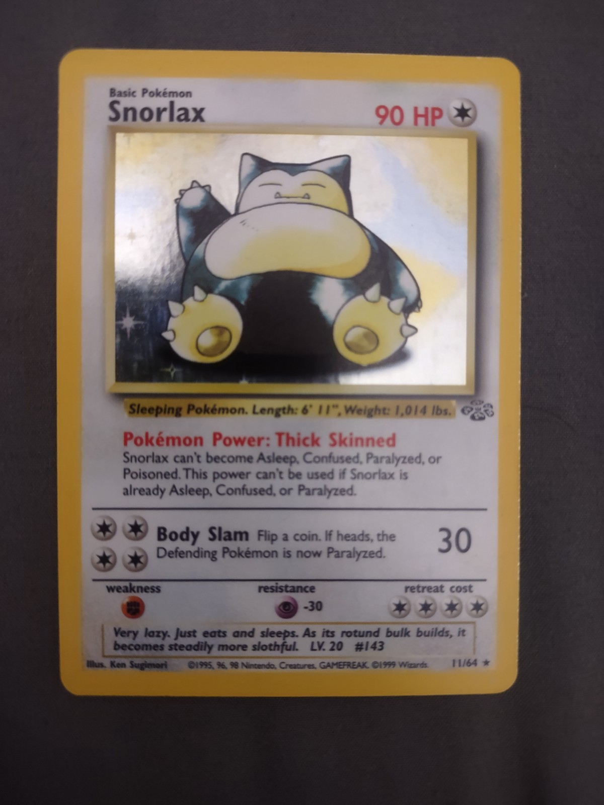 Pokemon TCG Snorlax 11/64 Jungle Holo Rare Unlimited Basic 90 HP Eng 1999