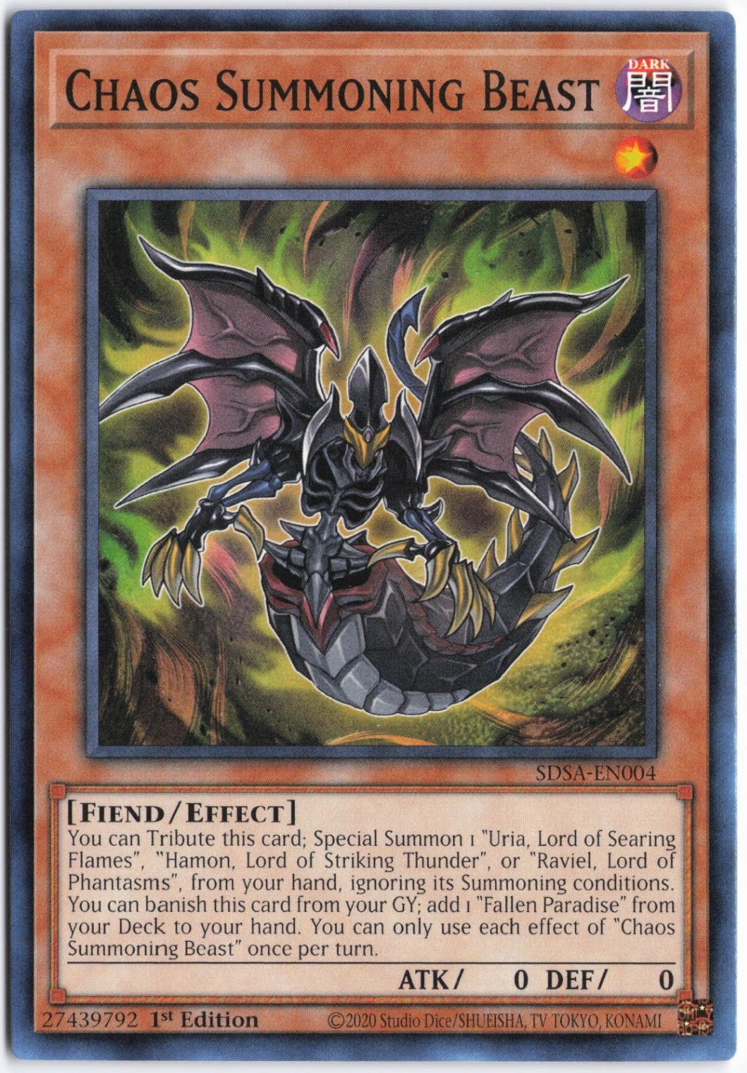 Yugioh – Chaos Summoning Beast SDSA-EN004 1st Edition – Structure Deck: Sacred B