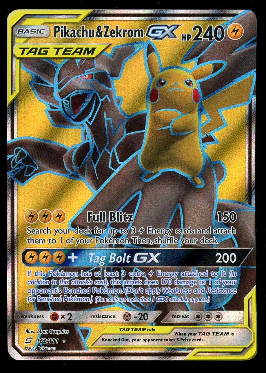 Pokemon Pikachu & Zekrom GX 162/181 Sun & Moon Team Up Full Art Near Mint Card