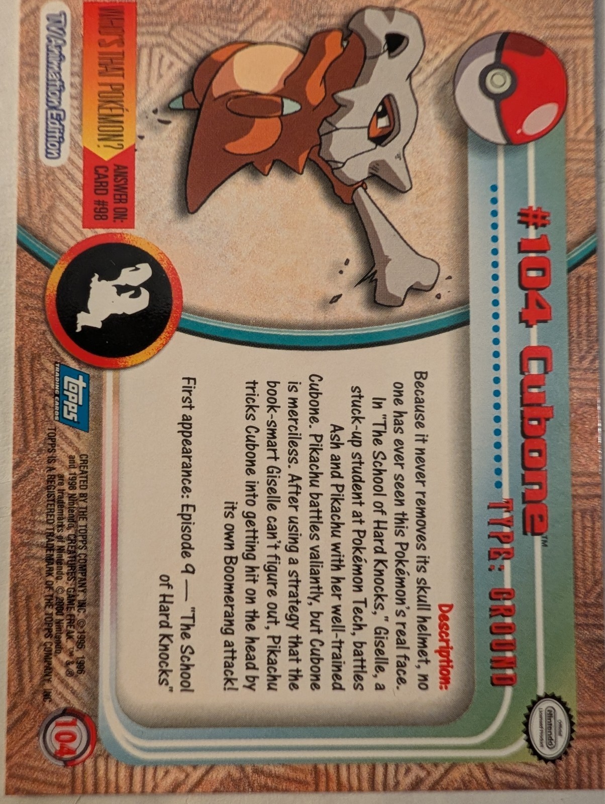 Cubone #104 2000 Topps Pokemon Series 2 Blue Logo