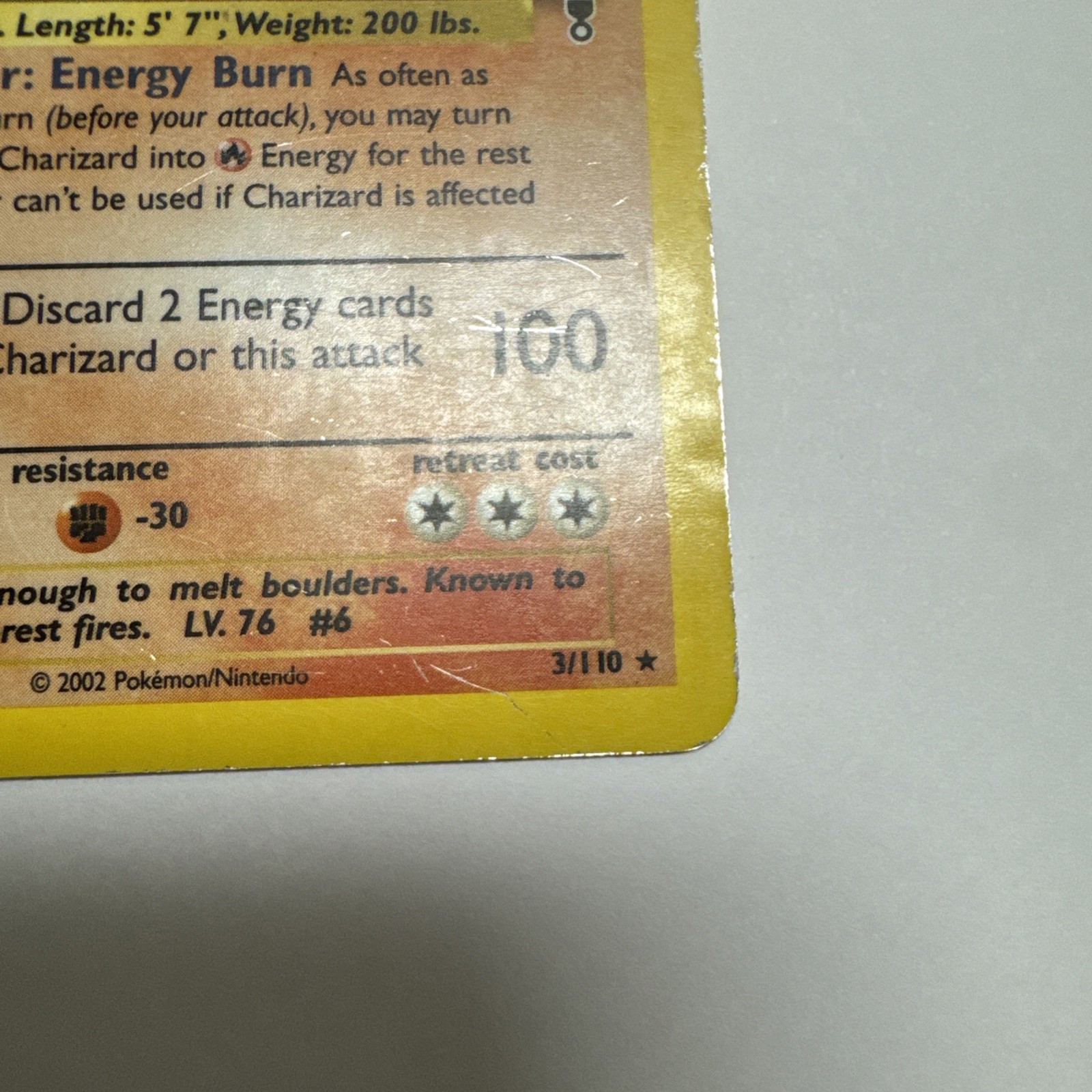 2002 POKEMON LEGENDARY COLLECTION SET CHARIZARD HOLO CARD, 3/110 MP
