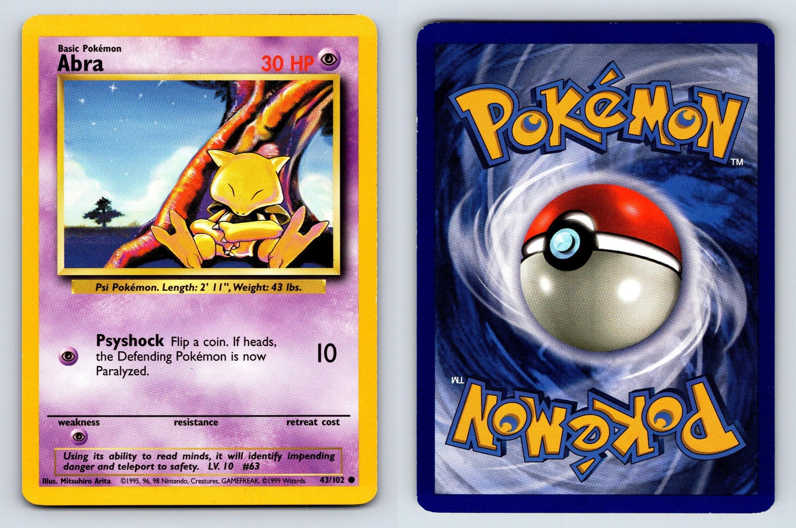 1999 POKEMON BASE SET UNLIMITED 43/102 ABRA LIGHTLY PLAYED