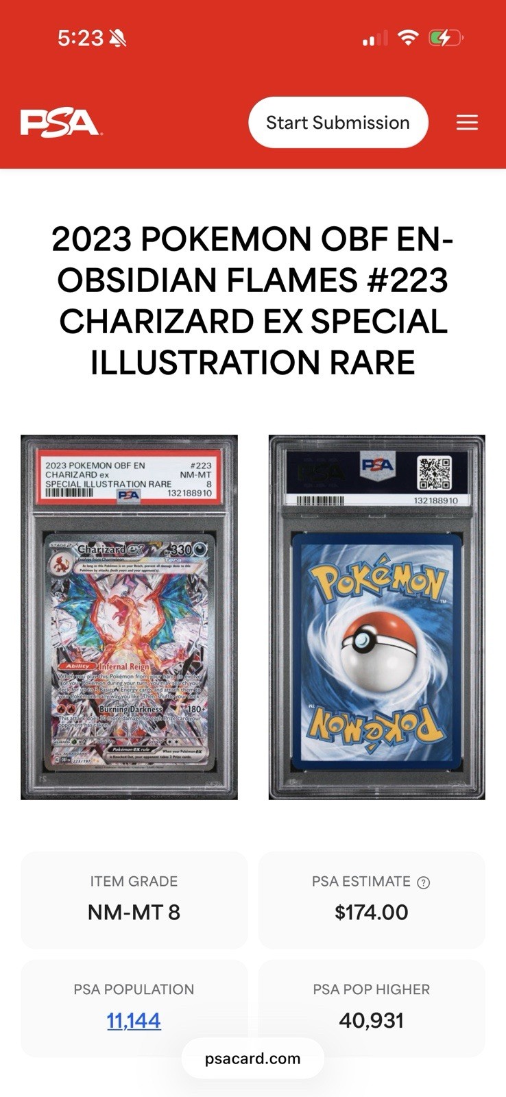 PSA 8 Charizard ex Obsidian Flames EN Special Illustration Rare Holo 223/197