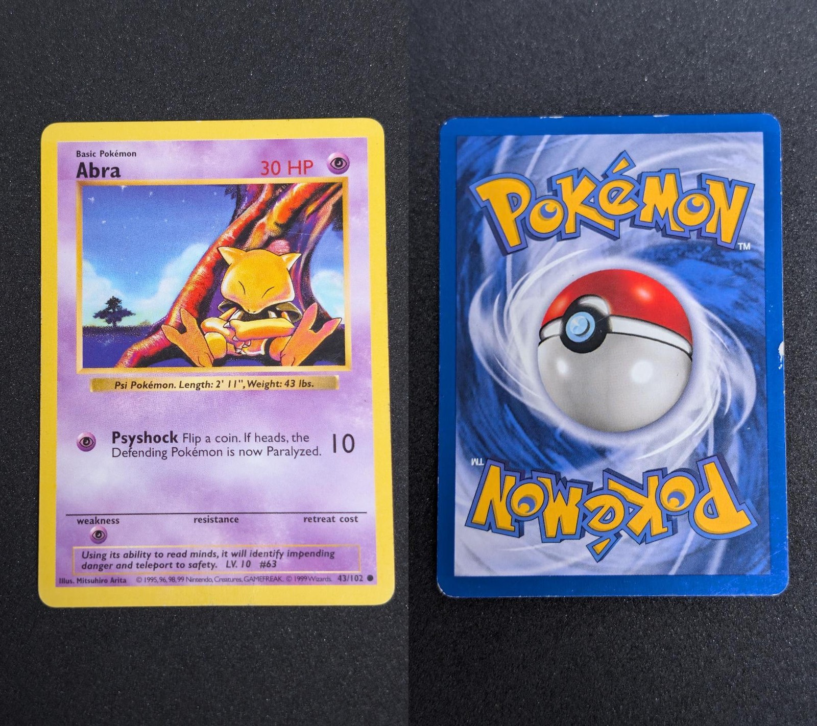 Abra 43/102 Common Base Set Shadowless Pokemon Unlimited Damaged