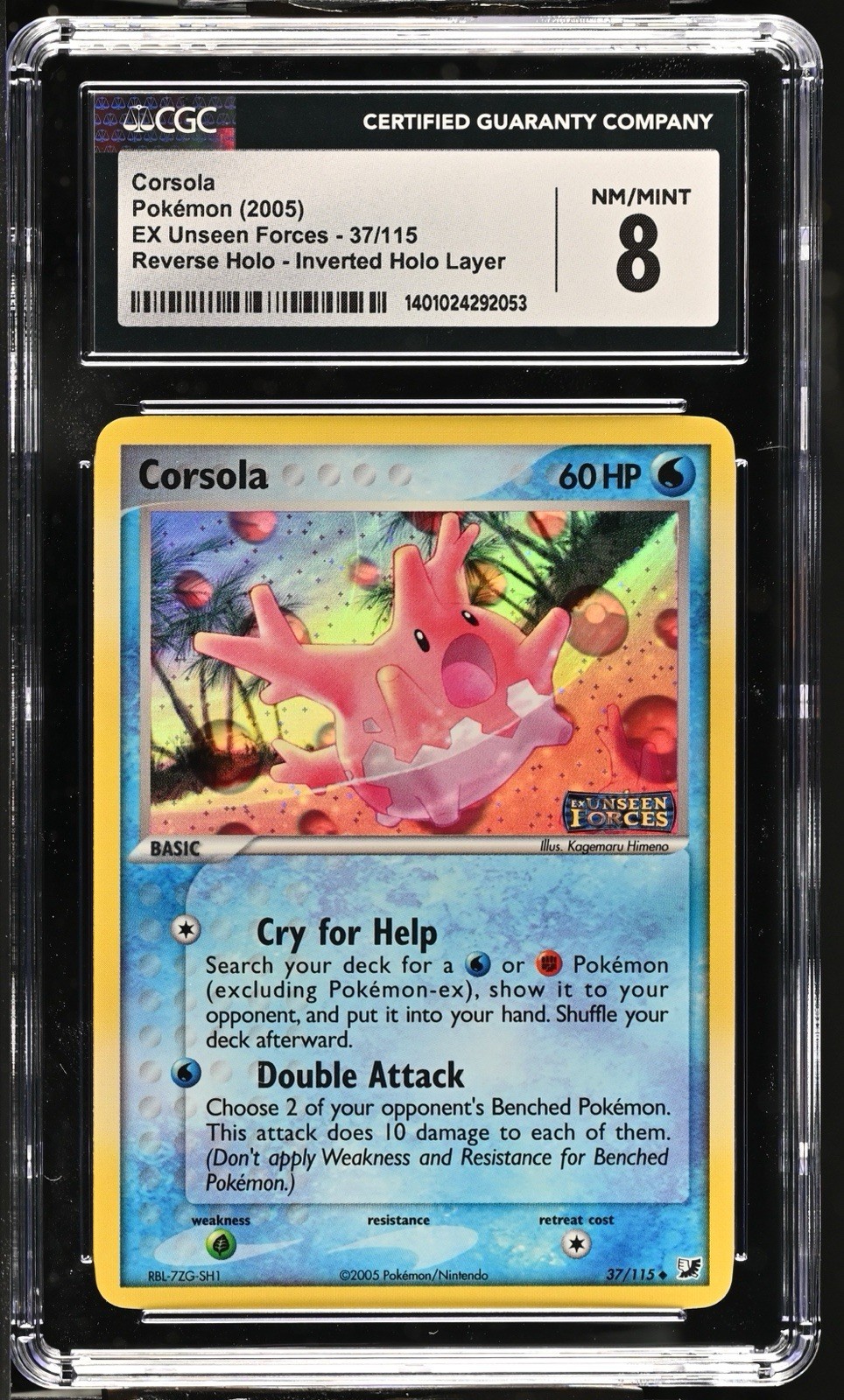 Corsola 37/115 – Pokemon 2005 EX Unseen Forces Stamped Reverse Holo CGC 8
