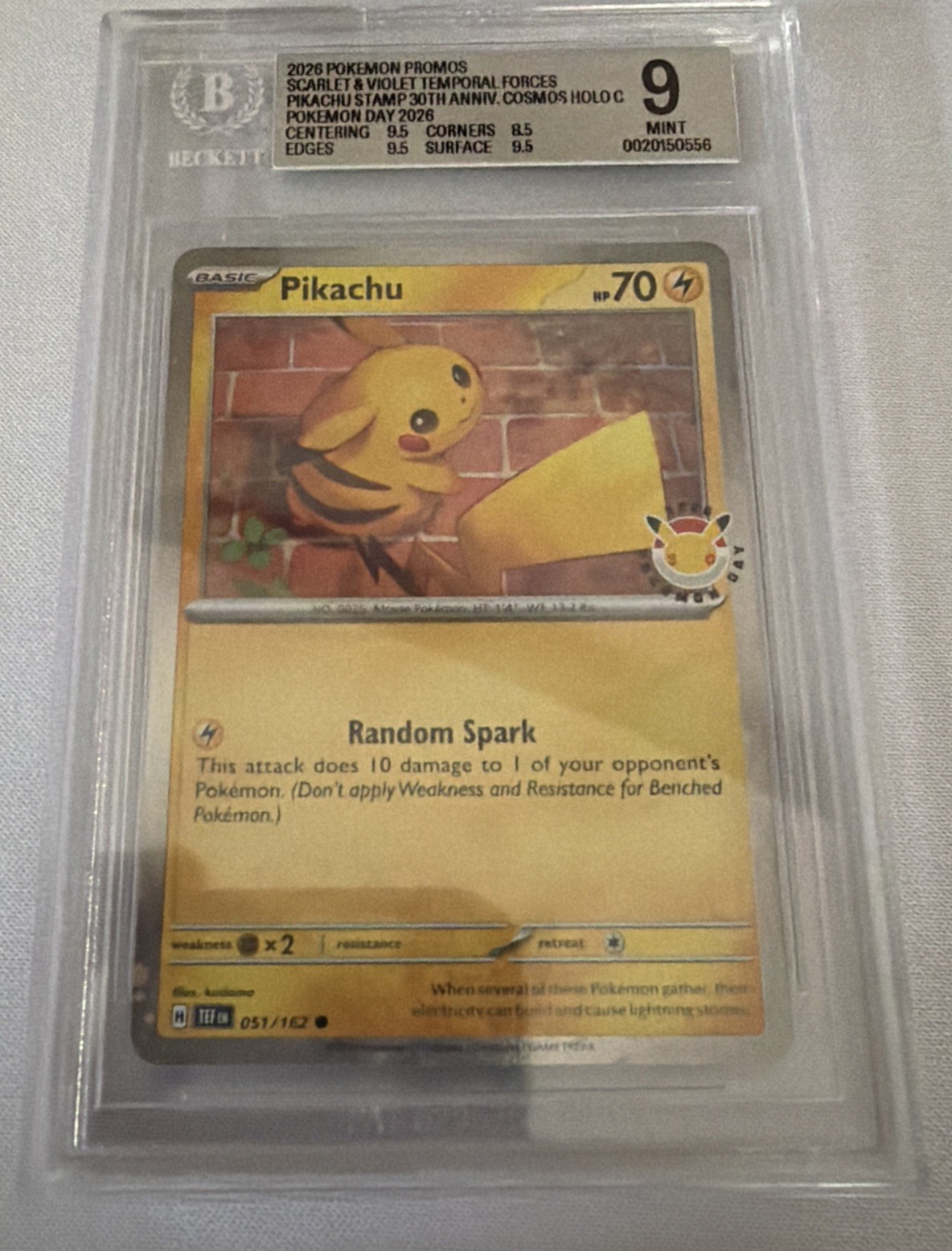 BGS 9-NEW LOGO- 30th Anniversary Pikachu Pokemon Day Stamp Promo Cosmo Holo