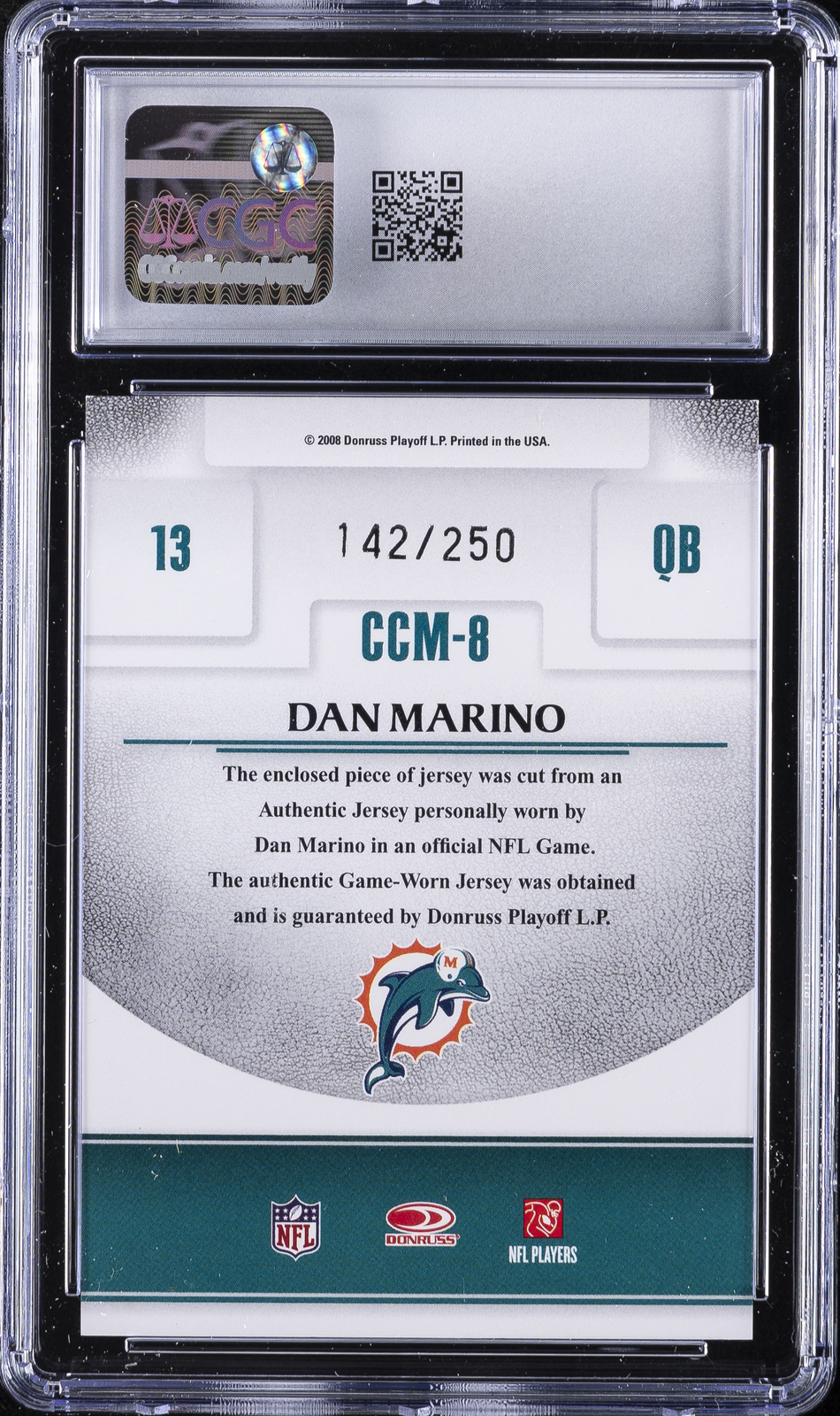 2008 DONRUSS THREADS CENTURY COLLECTION MATERIALS DAN MARINO 142/250 CGC 9