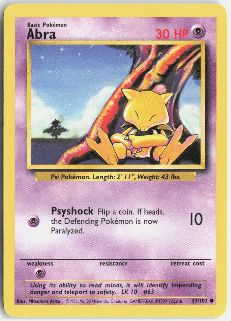 Abra 43/102 Common Base Set Unlimited Pokemon Lightly Played