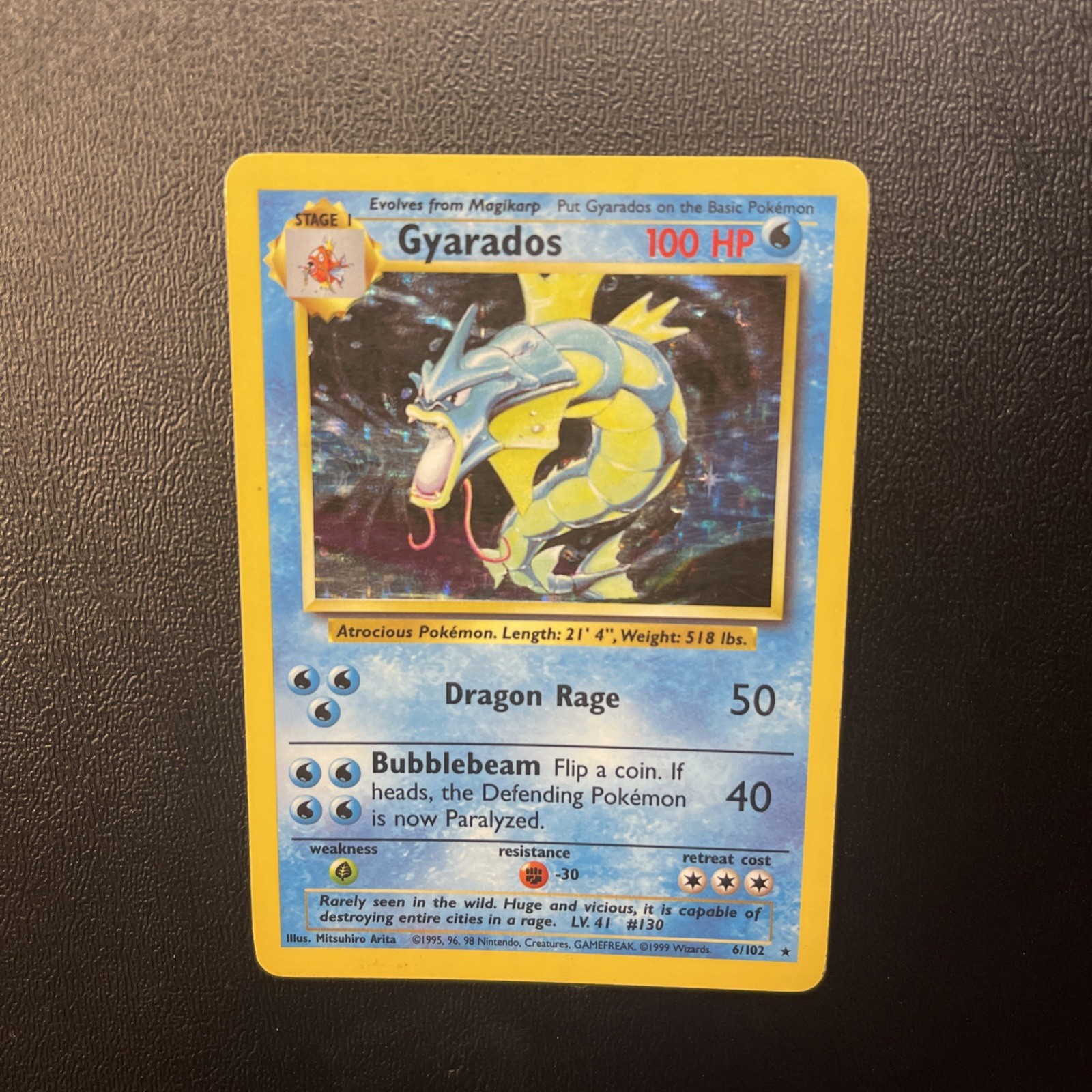 1999 Pokémon Gyarados Base Set Holo Card 006/102