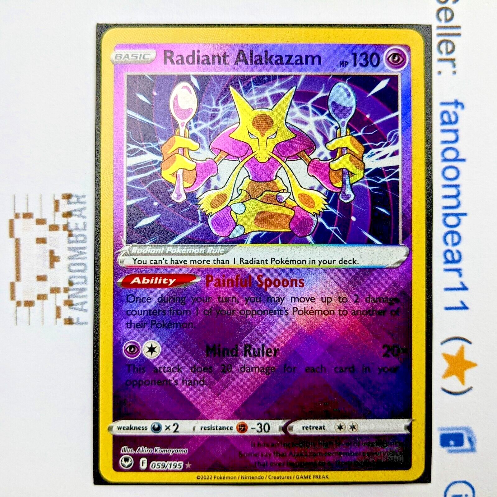 Radiant Alakazam SHINY HOLO RARE card 059/195 SWSH Silver Tempest 2022 Pokemon