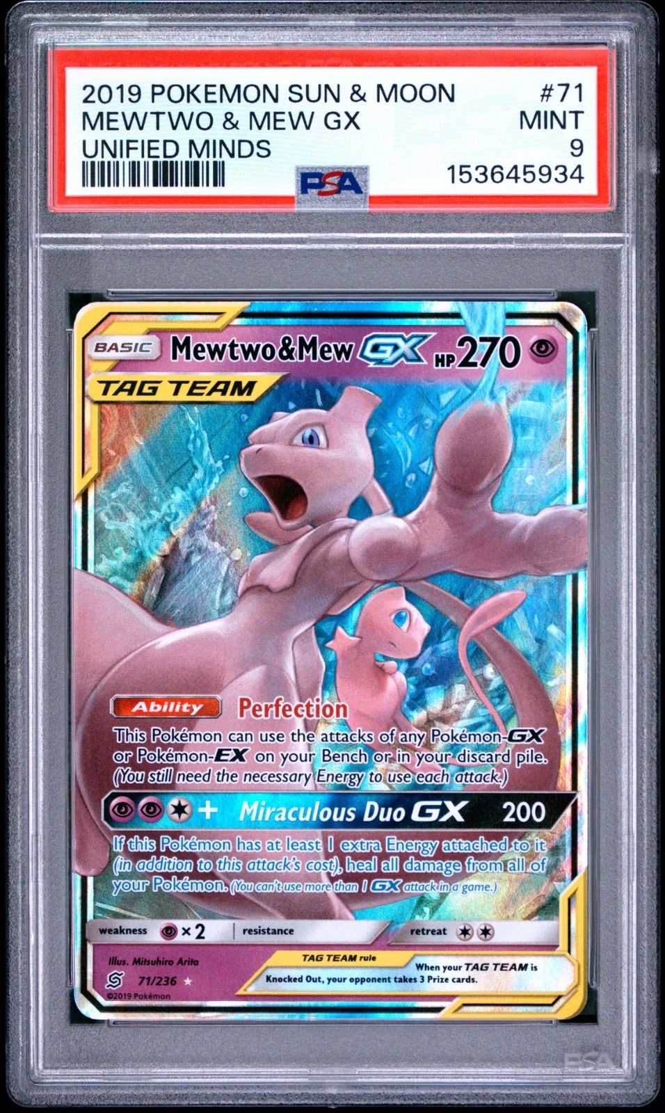 PSA 9 MINT – Mewtwo & Mew GX 71/236 Sm-Unified Minds Holo