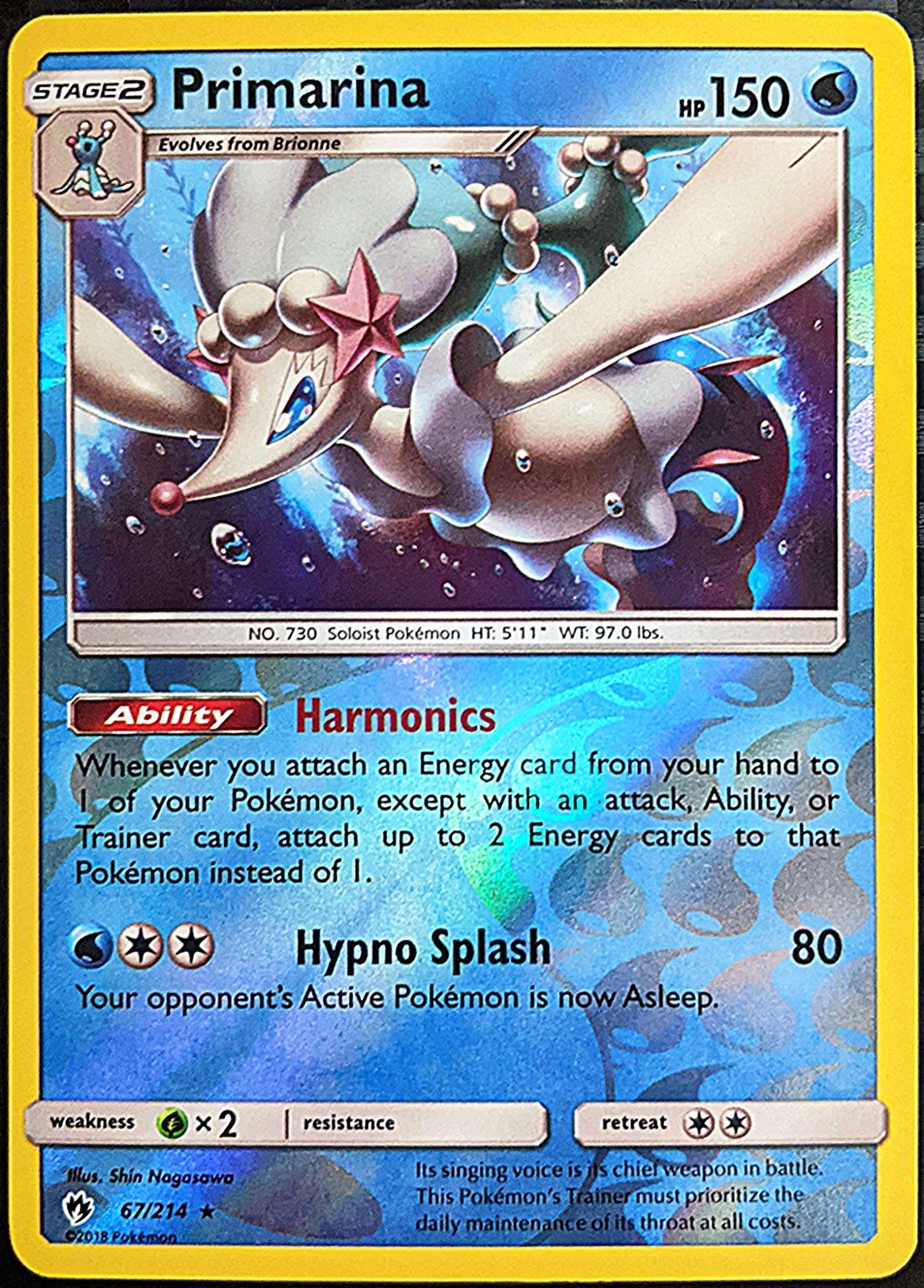 Lost Thunder Reverse Holo Primarina ◓ 67/214 ◓ Shin Nagasawa ◓ Pokémon Card NM