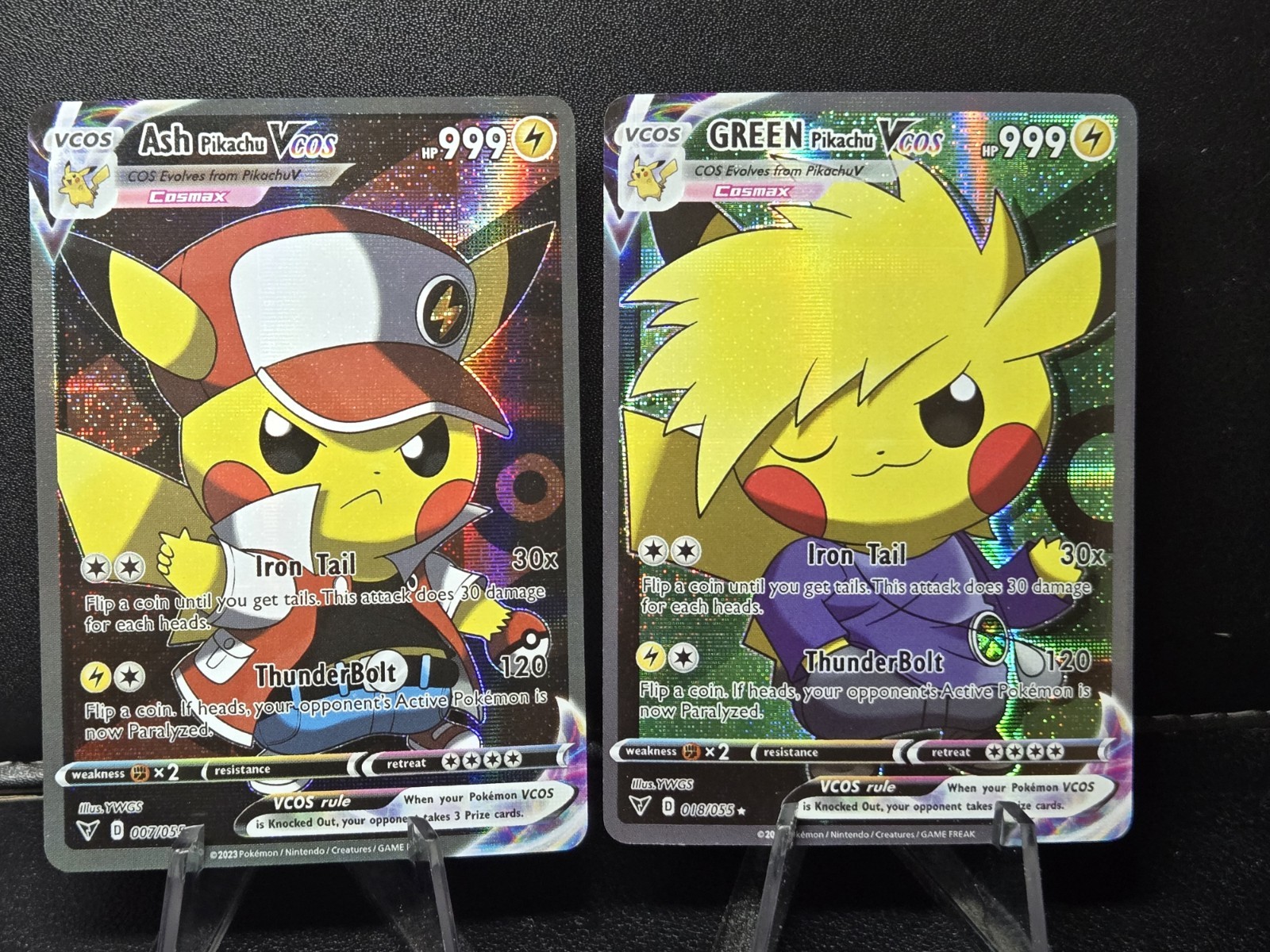 Pikachu ASH + Green Pokemon Trainer Cute Cosplay Doujin ACG HOLO Card NM