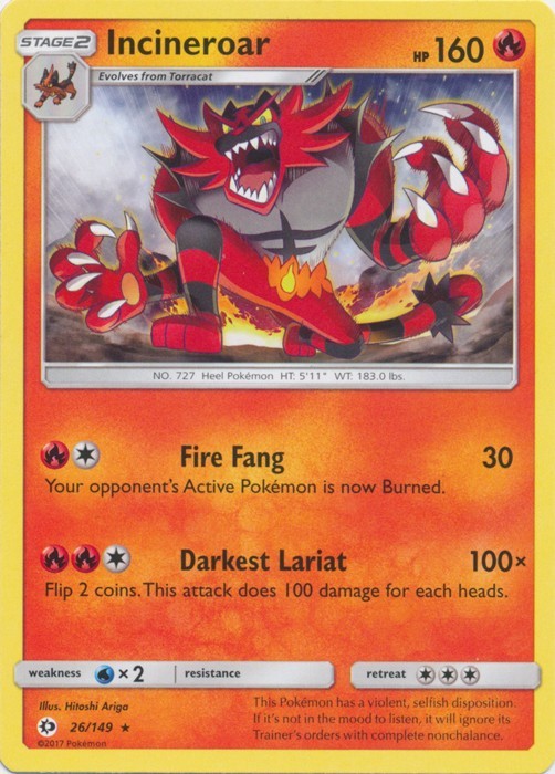Pokémon TCG – Incineroar – 26/149 – Rare – Sun & Moon (Base Set) [Near Mint]