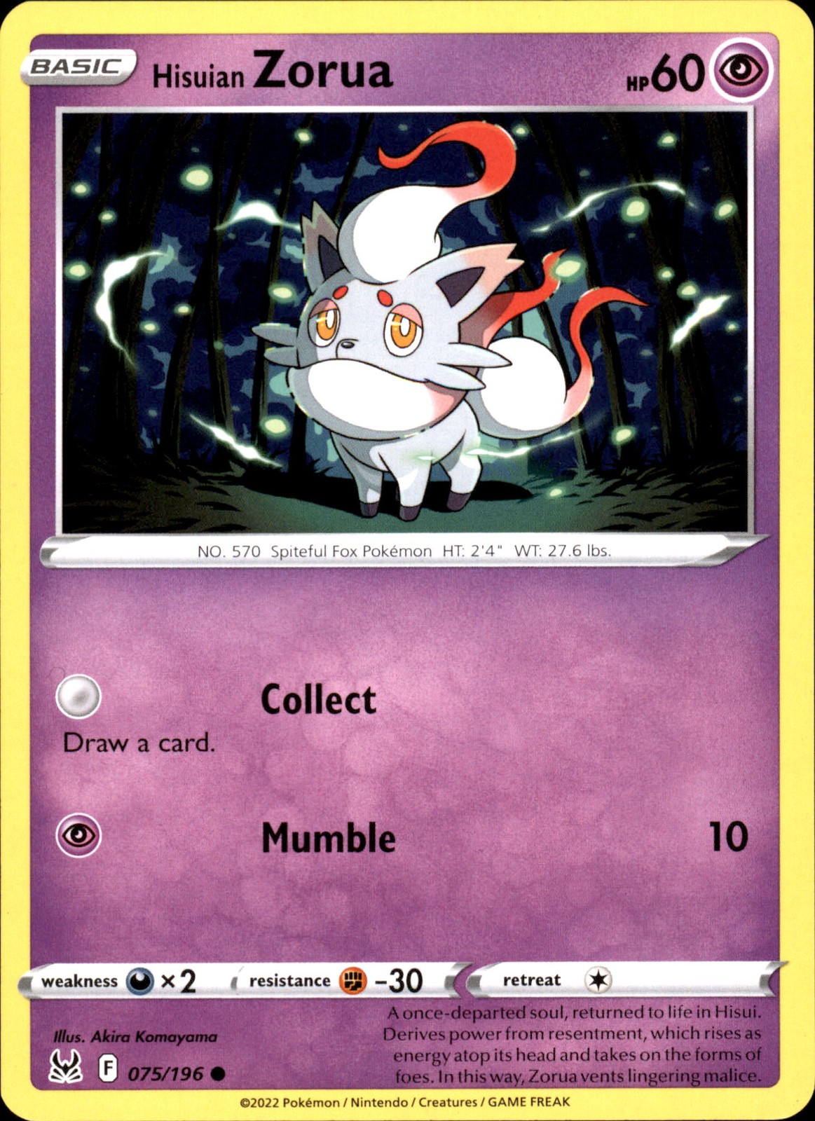Hisuian Zorua 075/196 Common – Pokemon SWSH11: Lost Origin 2022 NM