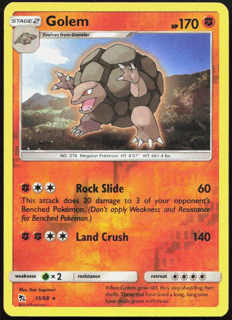 Golem 35/68 Rare Hidden Fates Pokemon Reverse Holo Near Mint