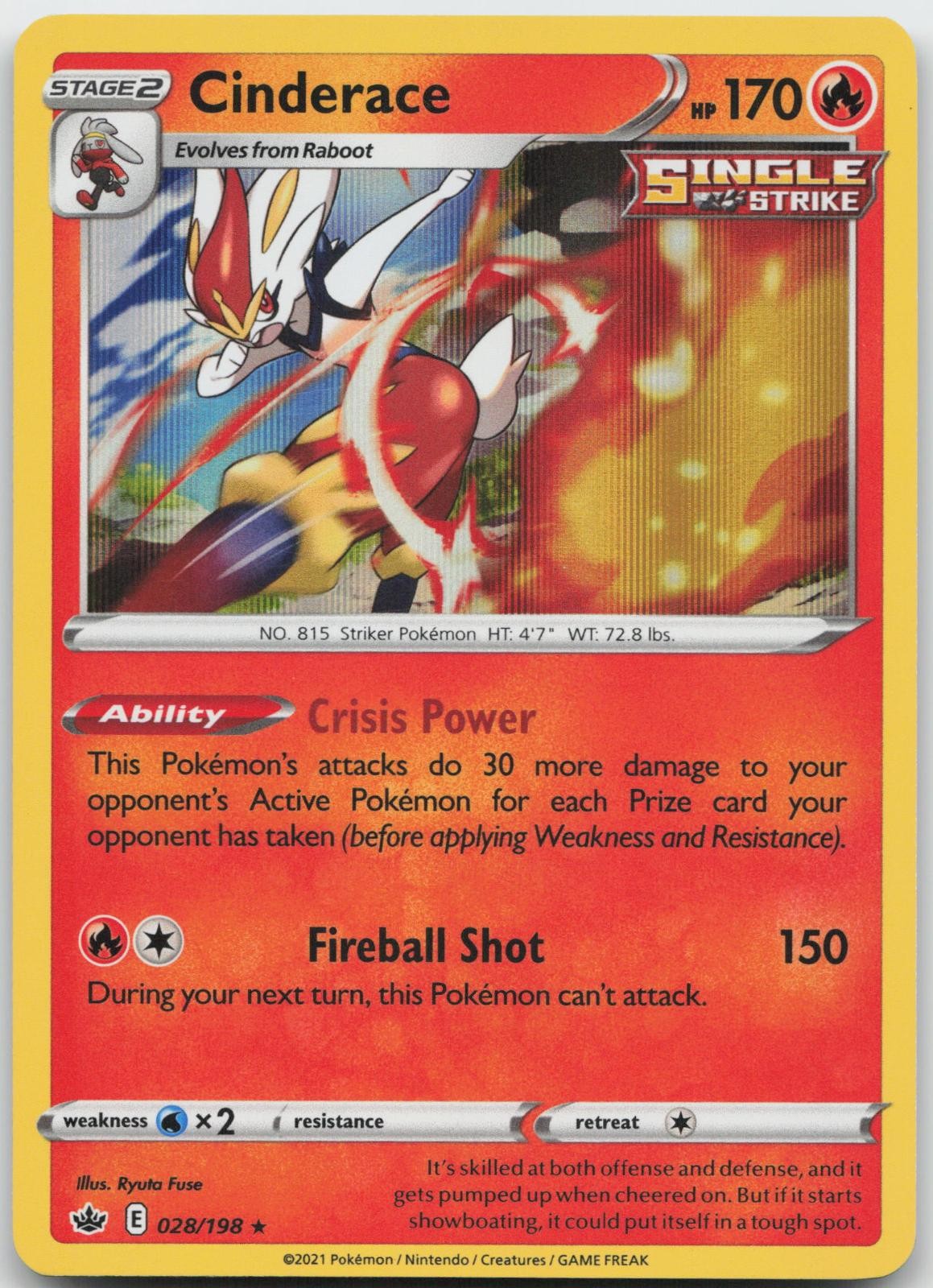 CINDERACE 028/198 HOLO RARE CHILLING REIGN POKEMON LIGHTLY PLAYED