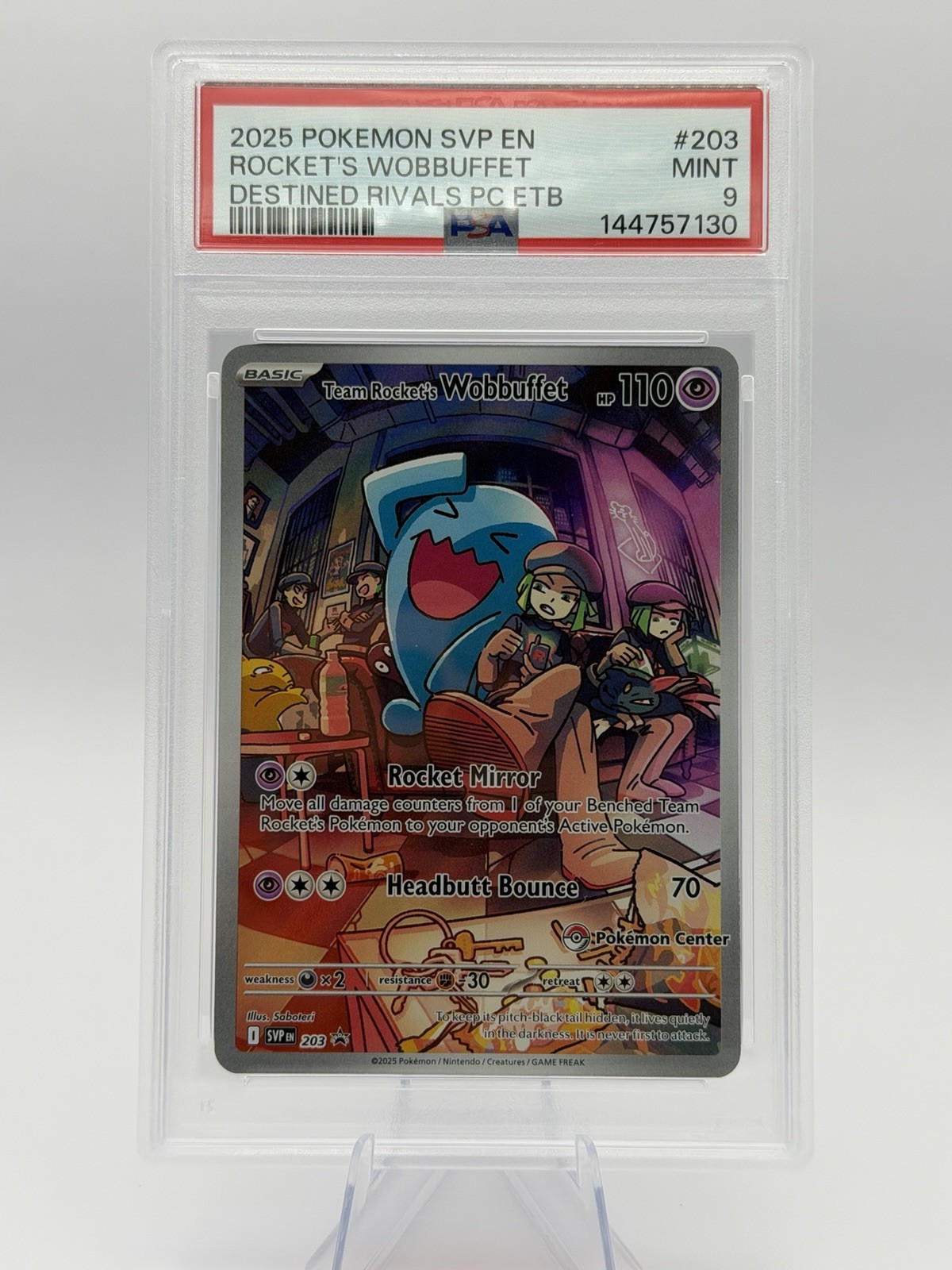 Team Rocket’s Wobbuffet Pokemon Center Stamp PSA 9 Destined Rivals ETB Promo PC