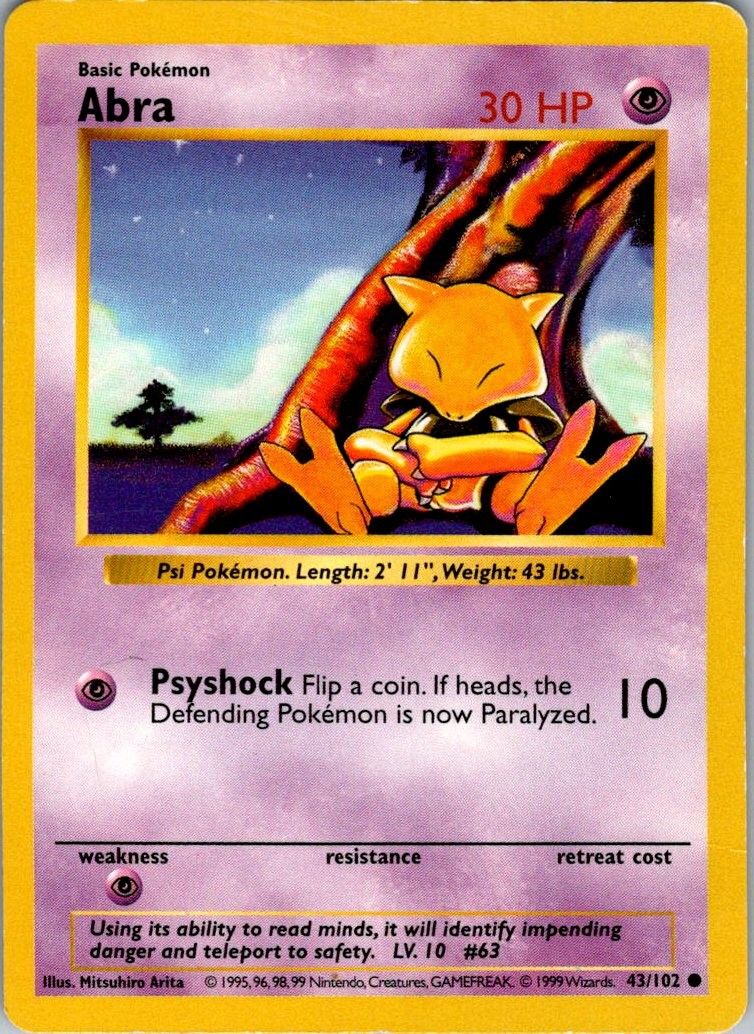 Abra 43/102 Common Base Set Shadowless Pokemon Unlimited Heavily Played
