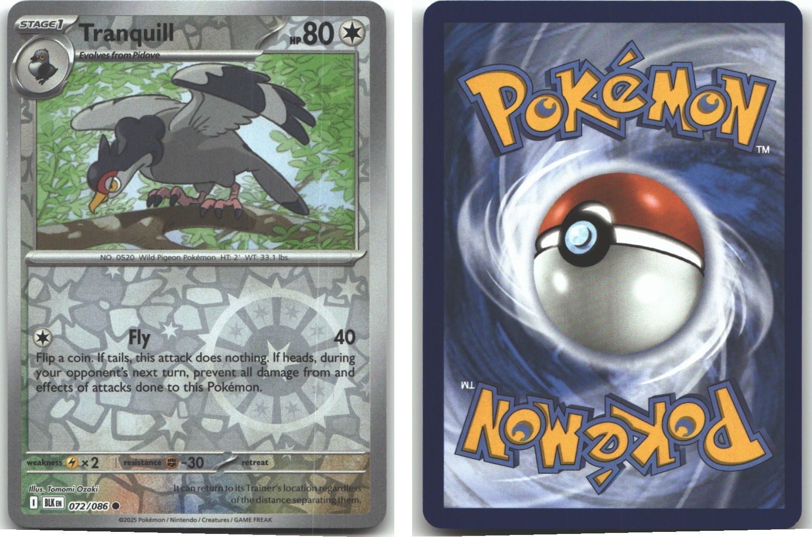 Tranquill 072/086 SV: Black Bolt Reverse Holofoil Pokemon (LP-NM)