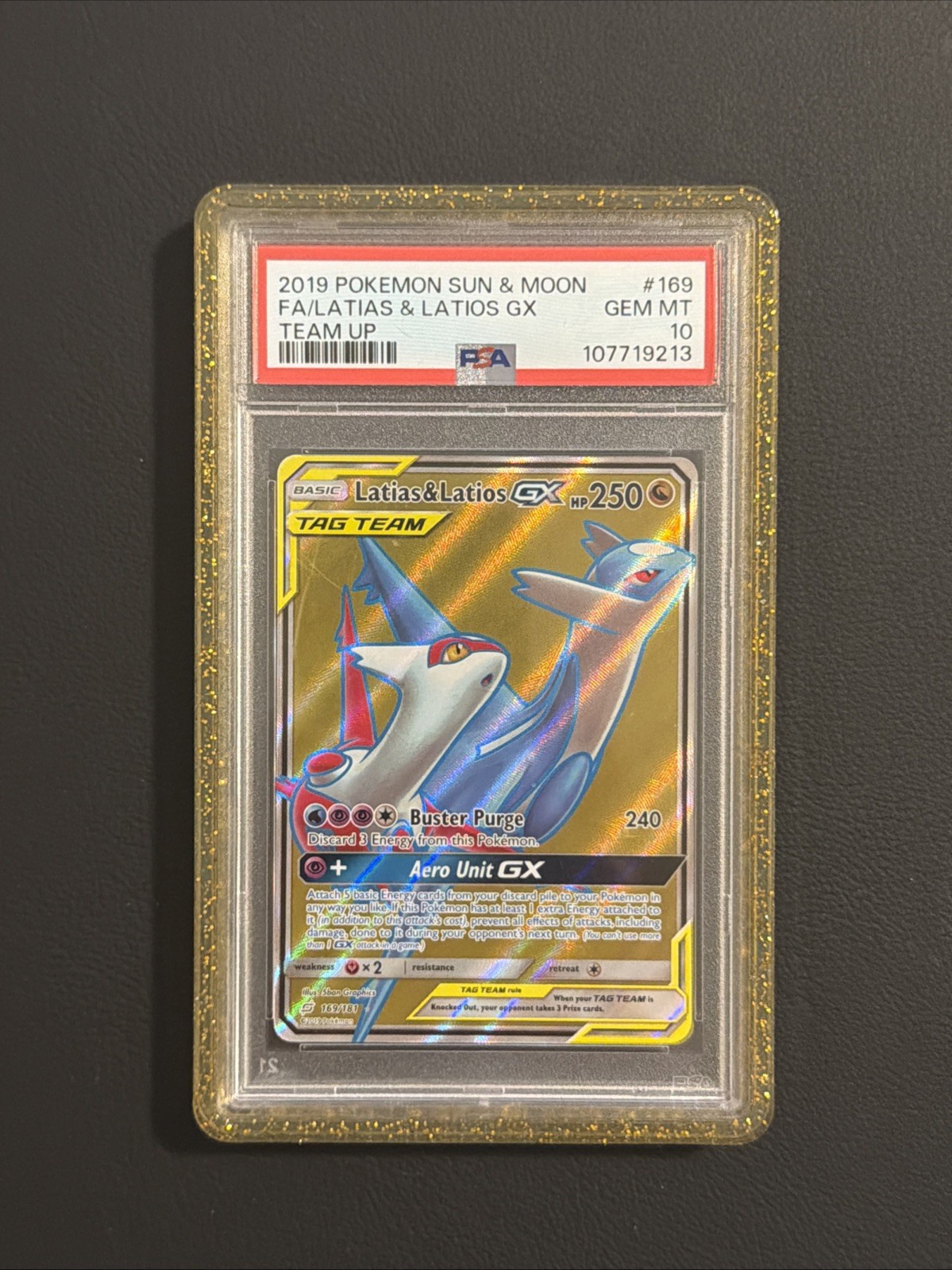 2019 POKEMON SUN & MOON TEAM UP #169 FULL ART/LATIAS & LATIOS GX PSA 10 + Guard