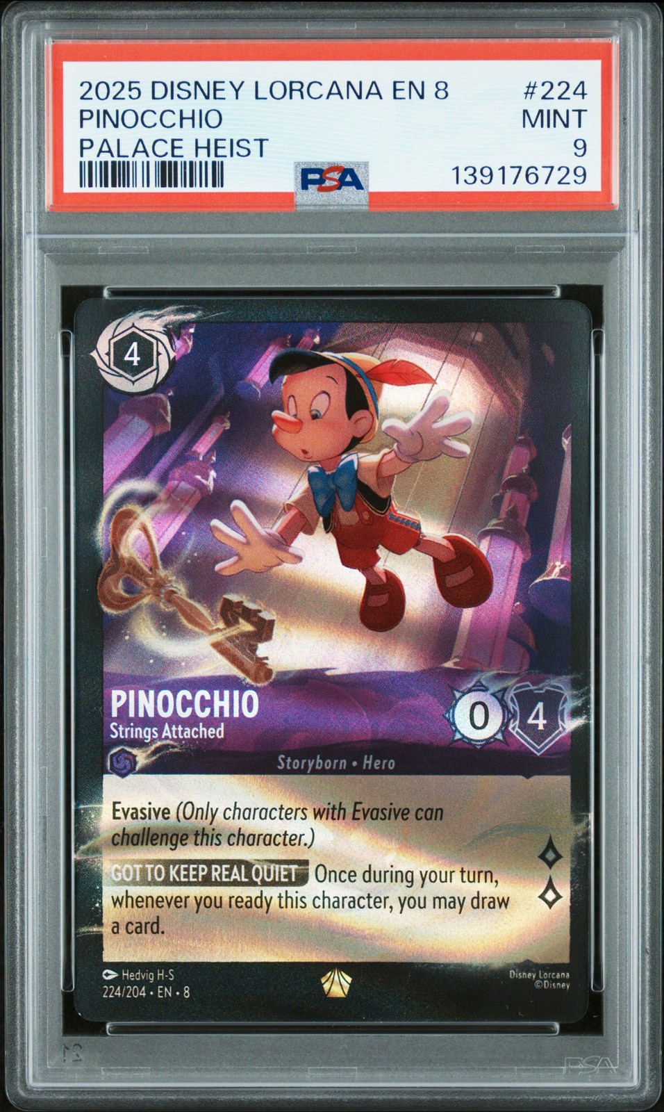 2025 DISNEY LORCANA EN 8-REIGN OF JAFAR #224 PINOCCHIO – STRINGS ATTACHED PSA 9