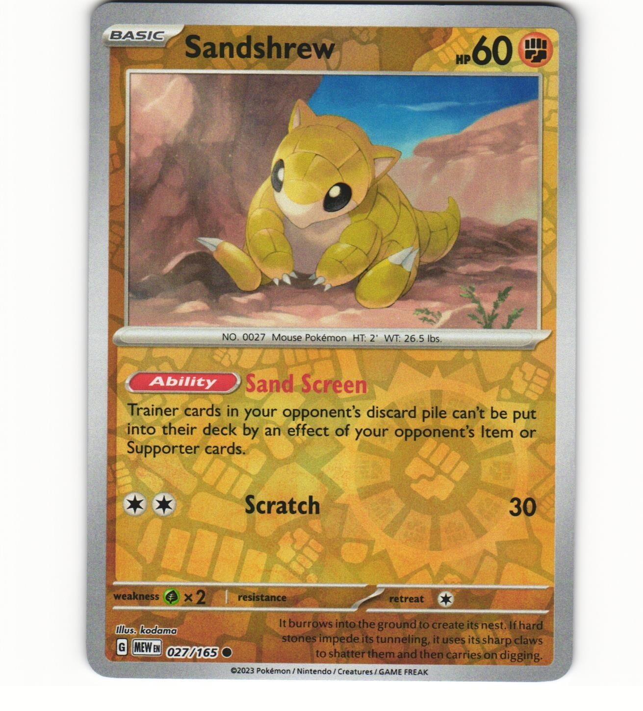 2023 Near Mint Pokemon Sandshrew 027/165 Reverse Scarlet Violet 151 English