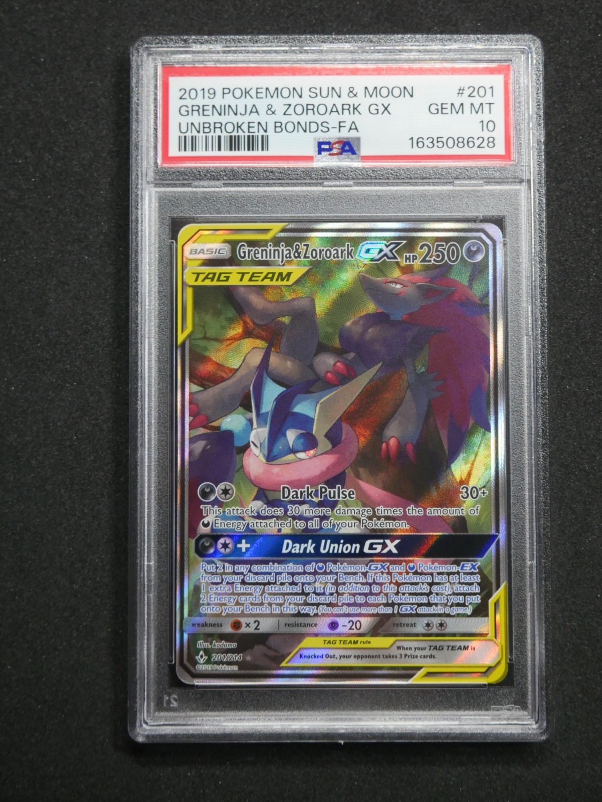2019 Pokemon Sun & Moon Greninja & Zoroark GX 201/214 Unbroken Bonds PSA 10