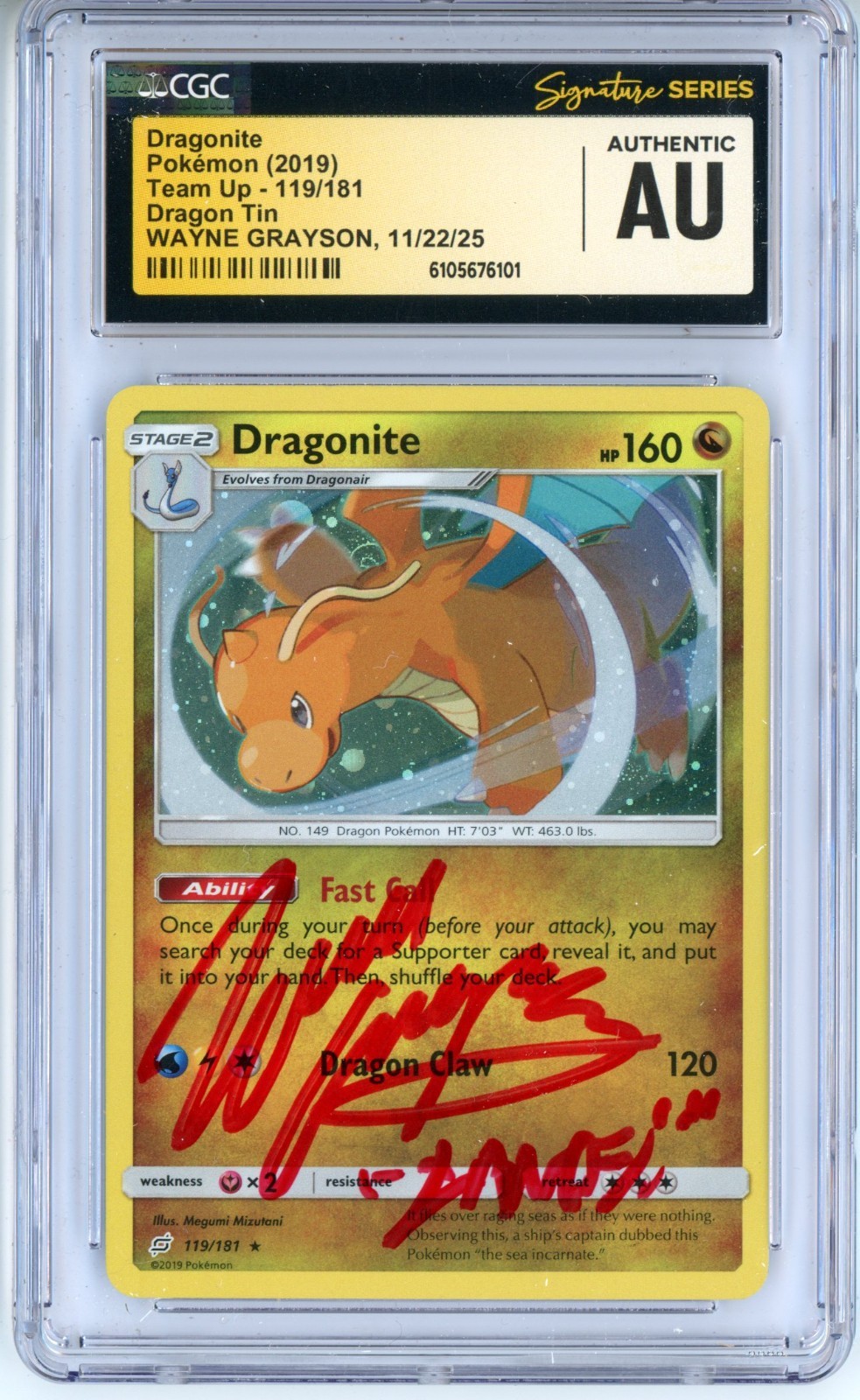 CGC Authentic Signed Wayne Grayson Dragonite SM Team Up 119/181 Holo Cosmos 2019