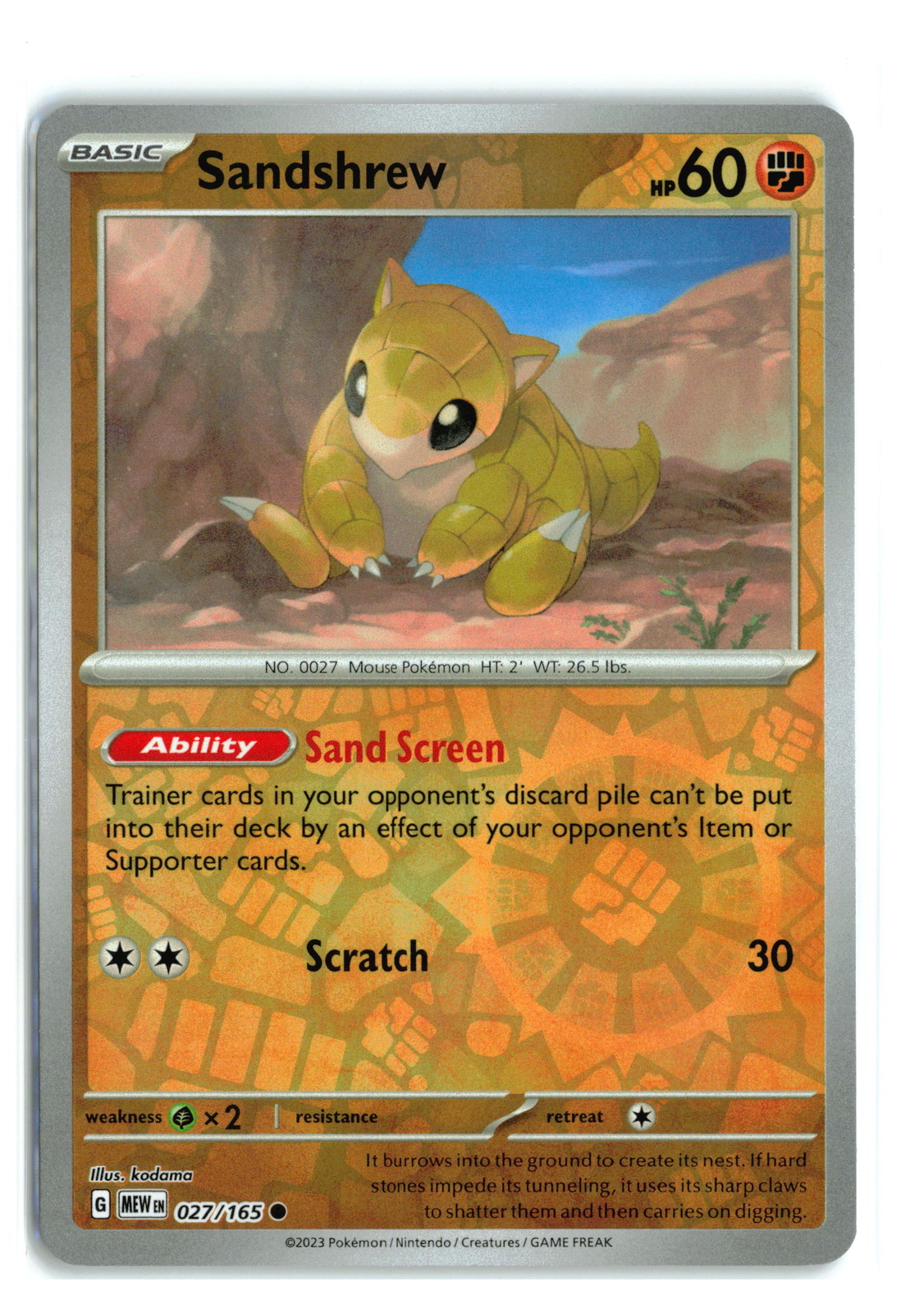 Sandshrew 027/165 REVERSE HOLO Pokemon TCG NM-LP