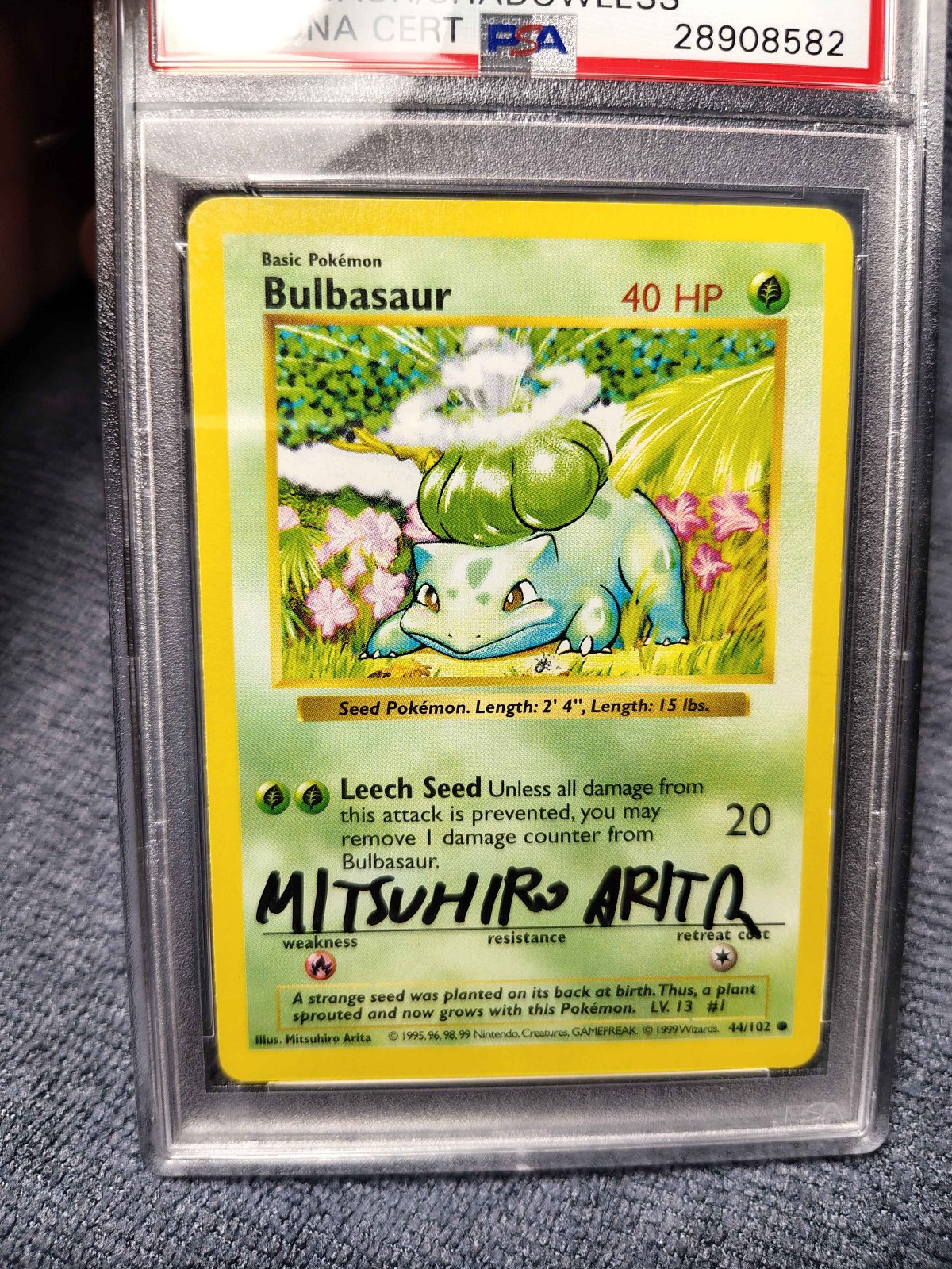 Pokemon Signed Shadowless Bulbasaur Mitsuhiro Arito 044/102 AUTHENTIC PSA