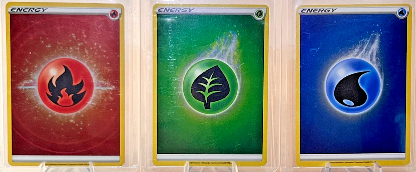 Pokemon Holo Energy Set of (3) Fire + Grass + Water Modern TCG Cards