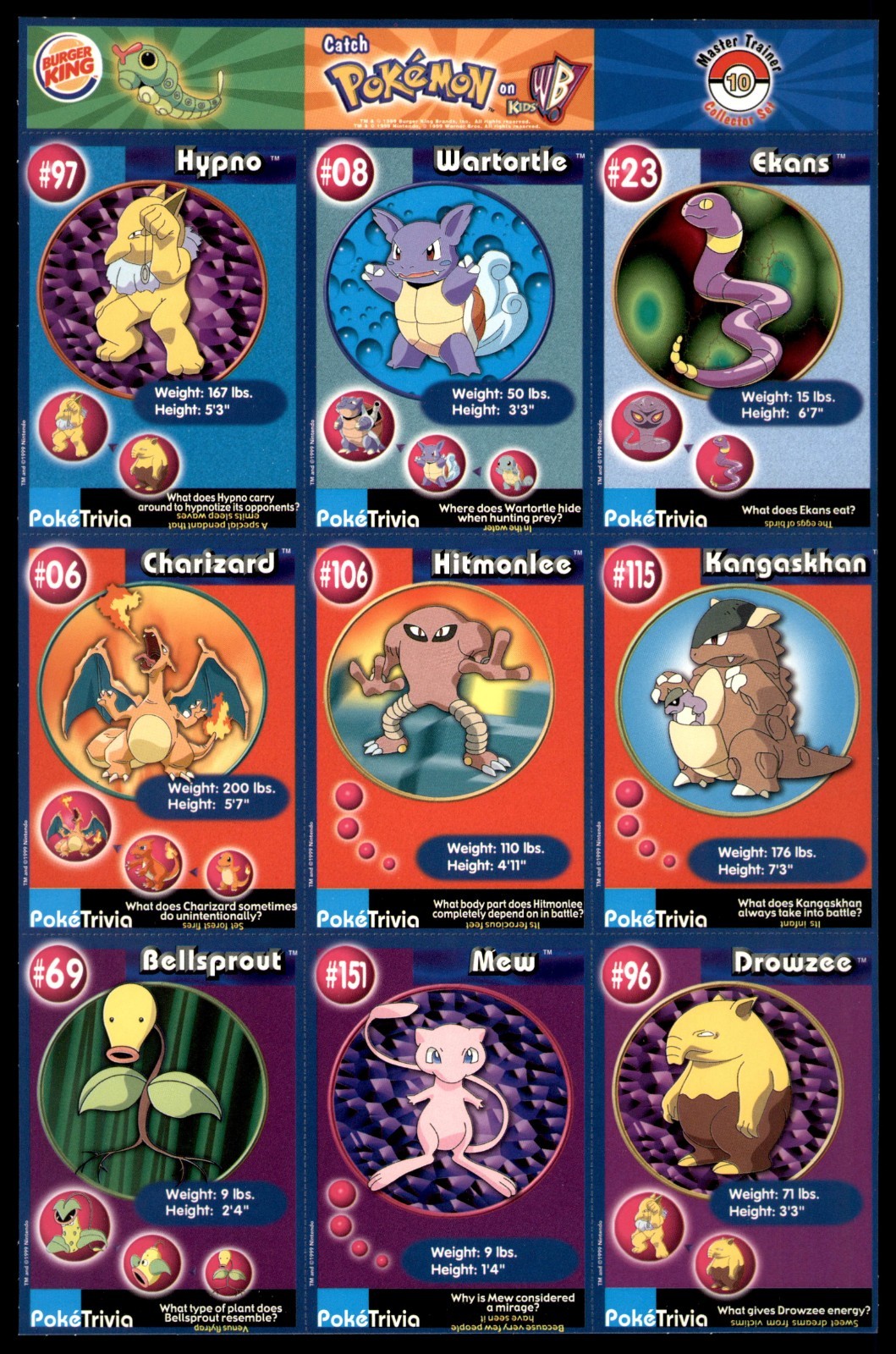 1999 Burger King PokeTrivia Pokemon Cards UNCUT SHEETS (NM)