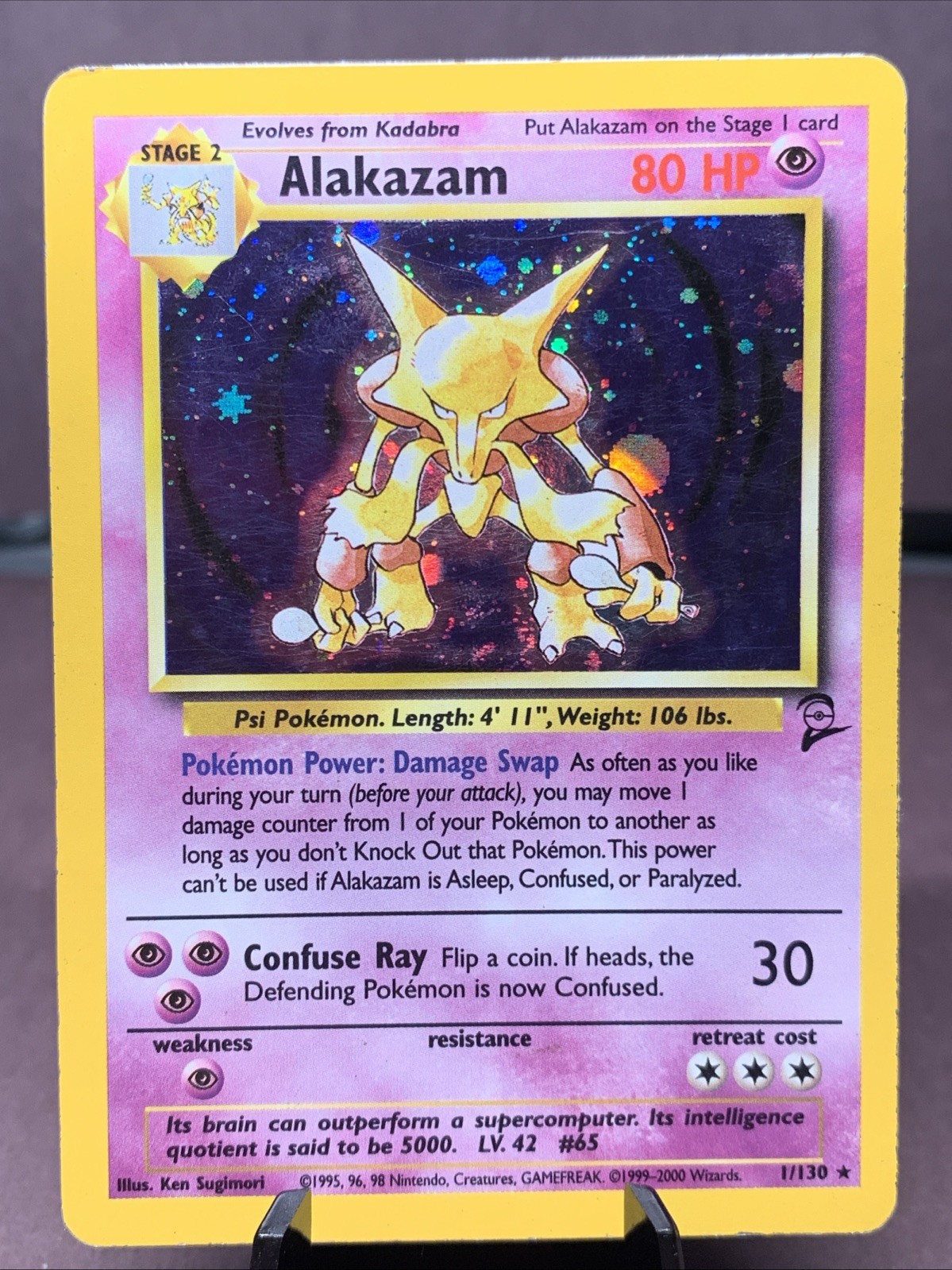 Pokémon TCG Alakazam 1/130 Base Set 2 Holo Rare Unlimited VTG WOTC 2000 MP-