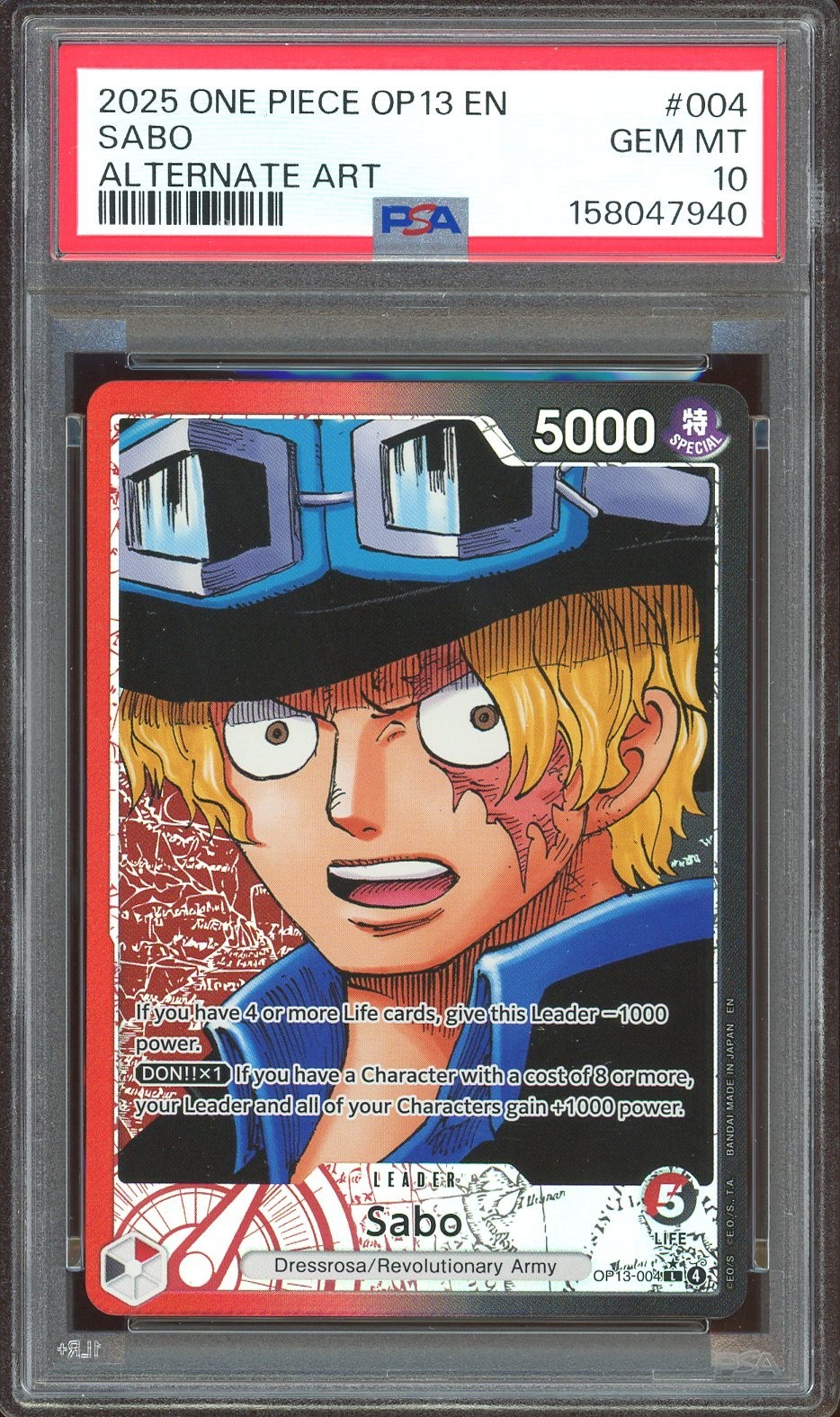 2025 One Piece OP13 EN Carrying On His Will #004 Sabo Alternate Art PSA 10