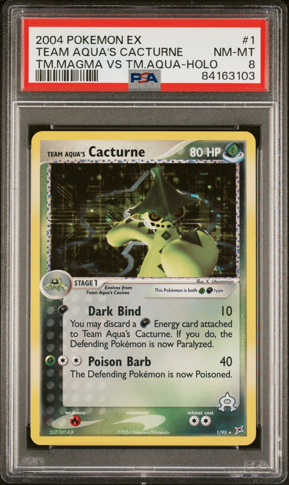2004 Pokemon EX Team Aquas Cacturne Holo Team Magma vs Team Aqua 1/95 PSA 8 NMMT