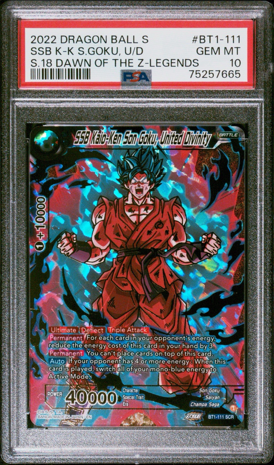 PSA 10: 2022 DBS Dawn Of Z-Legends BT1-111 SSB Kaio-Ken Son Goku United Divinity