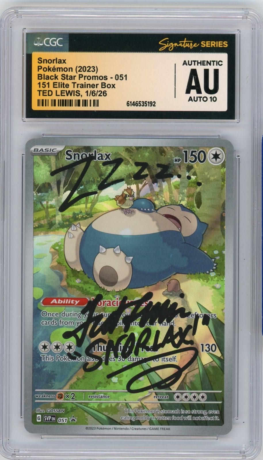 CGC Authentic Auto 10 Ted Lewis Snorlax 051 SV 151 ETB Promo Cards Holo 2023