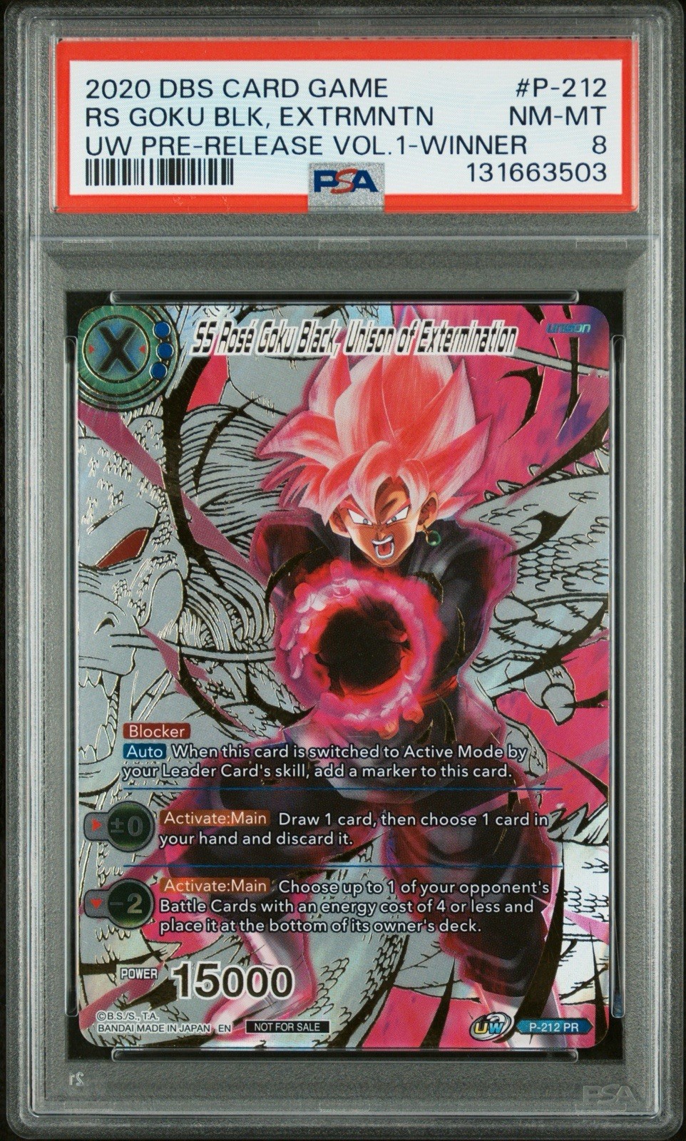 2020 SS Rose Goku Black, Unison of Extermination Winner P-212 PR PSA 8