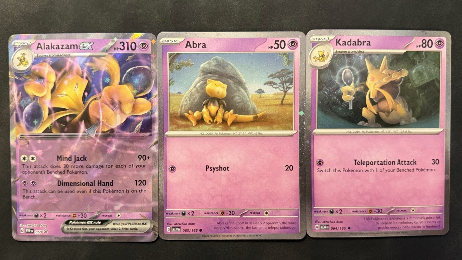 Abra 063/165, Kadabra 064/165 Cosmos Holo + Alakazam ex 050 Promo – Pokemon 151