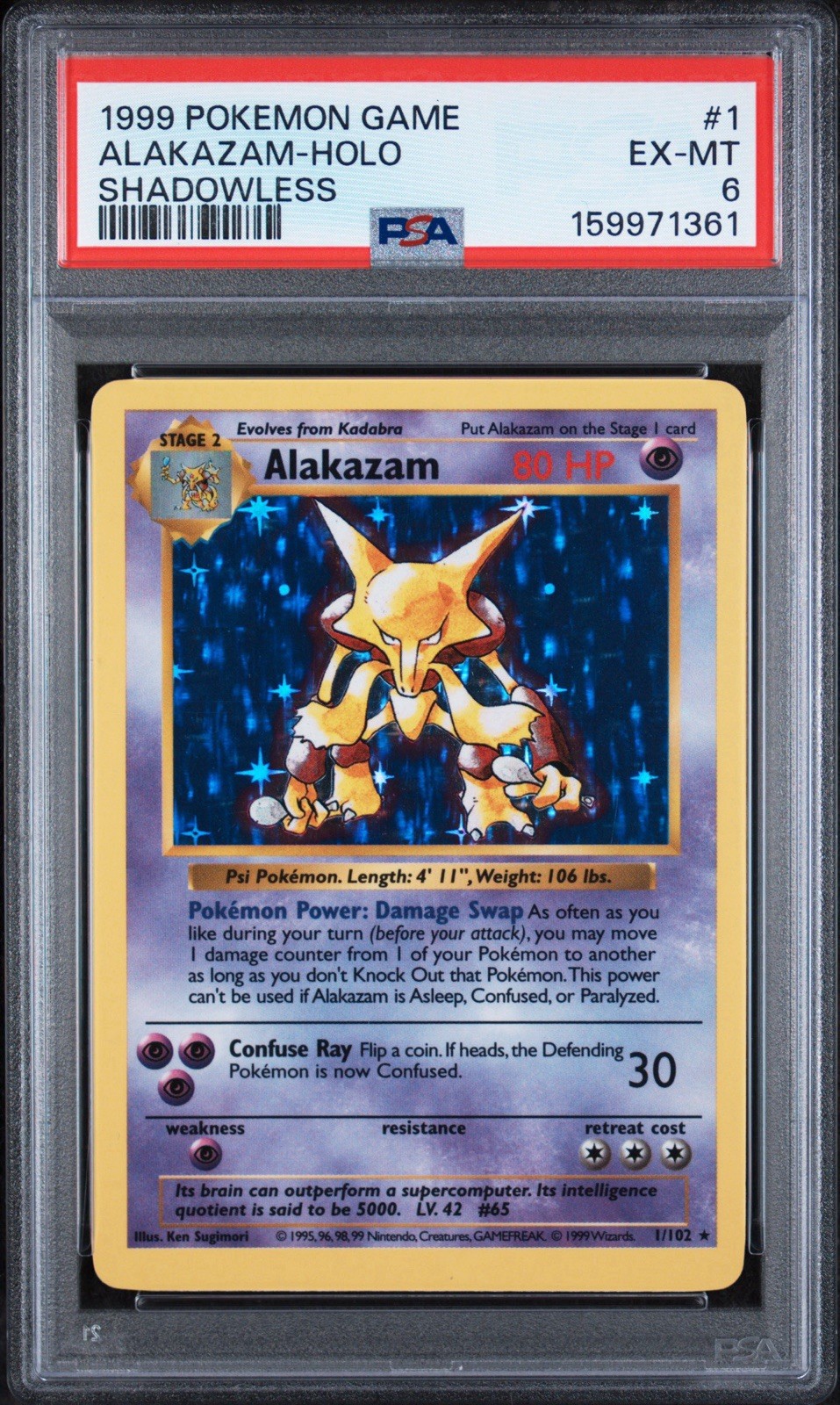 Pokémon Alakazam 001/102 Base Set Shadowless Holo Rare PSA 6 English